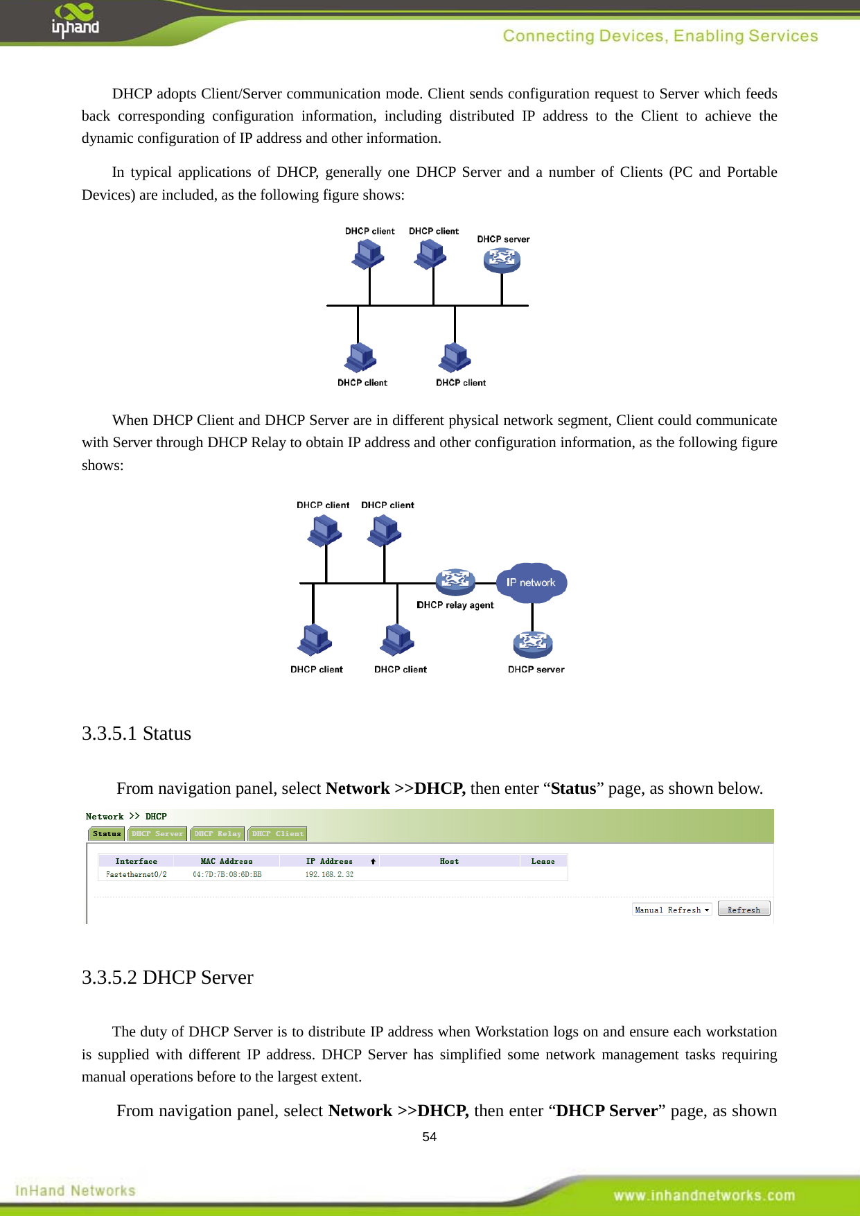  54 DHCP adopts Client/Server communication mode. Client sends configuration request to Server which feeds back corresponding configuration information, including distributed IP address to the Client to achieve the dynamic configuration of IP address and other information.   In typical applications of DHCP, generally one DHCP Server and a number of Clients (PC and Portable Devices) are included, as the following figure shows:    When DHCP Client and DHCP Server are in different physical network segment, Client could communicate with Server through DHCP Relay to obtain IP address and other configuration information, as the following figure shows:    3.3.5.1 Status From navigation panel, select Network >>DHCP, then enter &ldquo;Status&rdquo; page, as shown below.  3.3.5.2 DHCP Server The duty of DHCP Server is to distribute IP address when Workstation logs on and ensure each workstation is supplied with different IP address. DHCP Server has simplified some network management tasks requiring manual operations before to the largest extent.   From navigation panel, select Network >>DHCP, then enter &ldquo;DHCP Server&rdquo; page, as shown 