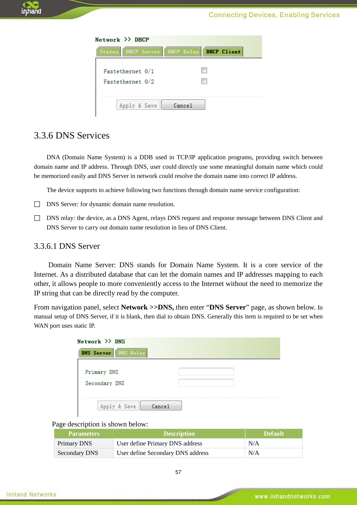  57  3.3.6 DNS Services DNA (Domain Name System) is a DDB used in TCP/IP application programs, providing switch between domain name and IP address. Through DNS, user could directly use some meaningful domain name which could be memorized easily and DNS Server in network could resolve the domain name into correct IP address.   The device supports to achieve following two functions through domain name service configuration:  DNS Server: for dynamic domain name resolution.    DNS relay: the device, as a DNS Agent, relays DNS request and response message between DNS Client and DNS Server to carry out domain name resolution in lieu of DNS Client.   3.3.6.1 DNS Server Domain Name Server: DNS stands for Domain Name System. It is a core service of the Internet. As a distributed database that can let the domain names and IP addresses mapping to each other, it allows people to more conveniently access to the Internet without the need to memorize the IP string that can be directly read by the computer. From navigation panel, select Network >>DNS, then enter &ldquo;DNS Server&rdquo; page, as shown below. In manual setup of DNS Server, if it is blank, then dial to obtain DNS. Generally this item is required to be set when WAN port uses static IP.    Page description is shown below: Parameters Description Default Primary DNS User define Primary DNS address   N/A Secondary DNS User define Secondary DNS address N/A 