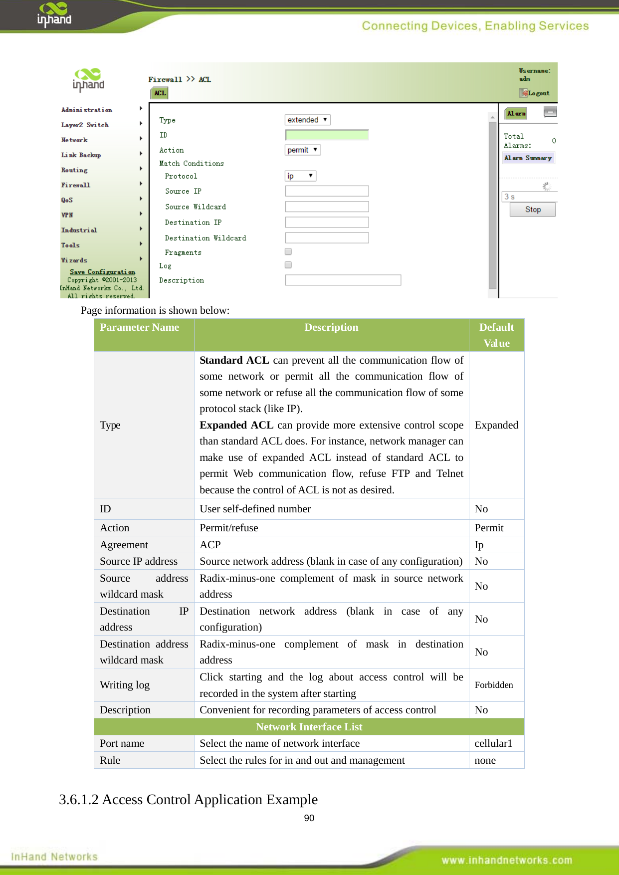  90  Page information is shown below:    Parameter Name   Description Default Val ue   Type Standard ACL can prevent all the communication flow of some network or permit all the communication flow of some network or refuse all the communication flow of some protocol stack (like IP).   Expanded ACL can provide more extensive control scope than standard ACL does. For instance, network manager can make use of expanded ACL instead of standard ACL to permit Web communication flow, refuse FTP and Telnet because the control of ACL is not as desired.   Expanded  ID User self-defined number    No Action Permit/refuse   Permit   Agreement ACP Ip Source IP address  Source network address (blank in case of any configuration)  No Source address wildcard mask Radix-minus-one complement of mask in source network address   No Destination IP address Destination network address (blank in case of any configuration)  No Destination address wildcard mask Radix-minus-one complement of mask in destination address No Writing log Click starting and the log about access control will be recorded in the system after starting Forbidden Description   Convenient for recording parameters of access control   No Network Interface List   Port name   Select the name of network interface   cellular1 Rule    Select the rules for in and out and management    none 3.6.1.2 Access Control Application Example 