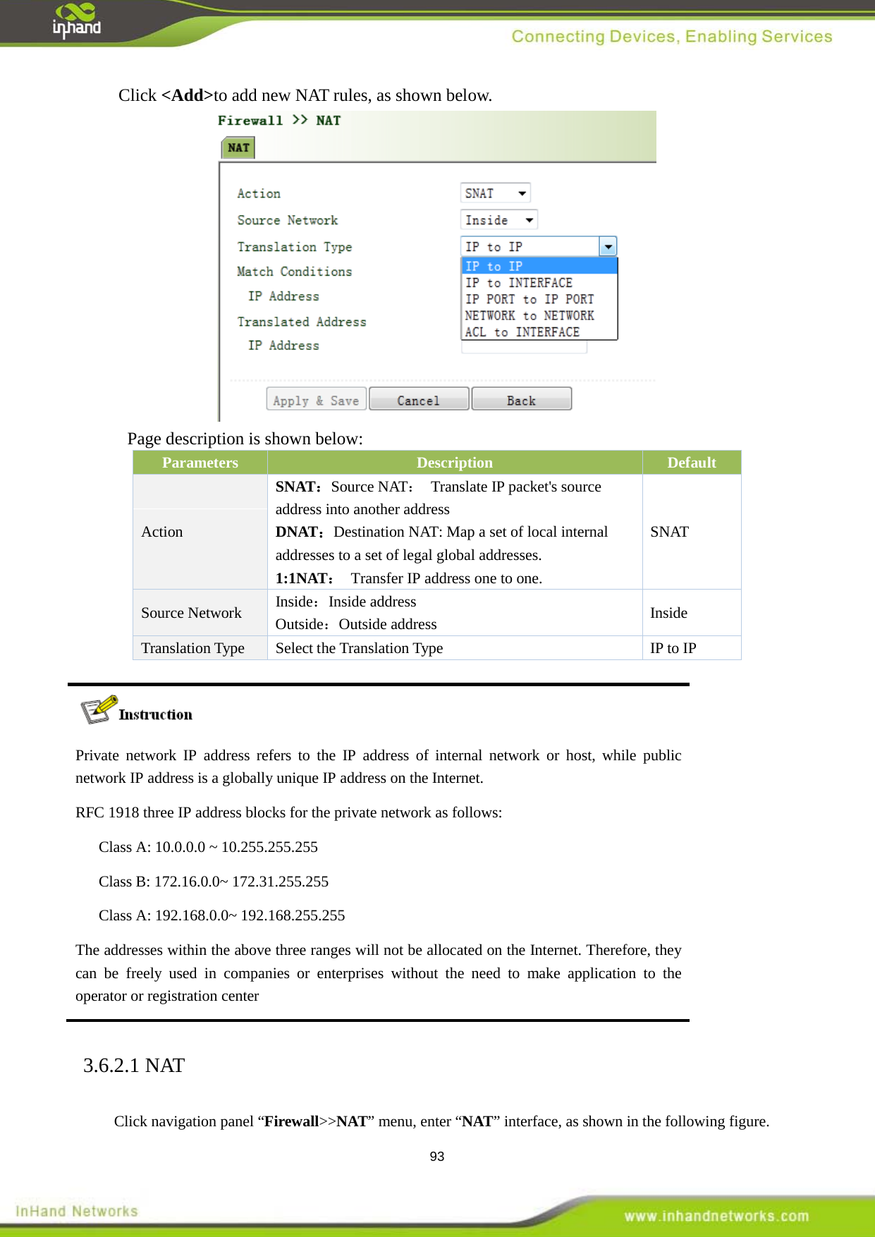 93 Click <Add>to add new NAT rules, as shown below.  Page description is shown below: Parameters Description Default Action SNAT：Source NAT： Translate IP packet's source address into another address DNAT：Destination NAT: Map a set of local internal addresses to a set of legal global addresses.   1:1NAT：  Transfer IP address one to one. SNAT Source Network Inside：Inside address Outside：Outside address  Inside Translation Type Select the Translation Type IP to IP   Private network IP address refers to the IP address of internal network or host, while public network IP address is a globally unique IP address on the Internet. RFC 1918 three IP address blocks for the private network as follows:  Class A: 10.0.0.0 ~ 10.255.255.255    Class B: 172.16.0.0~ 172.31.255.255  Class A: 192.168.0.0~ 192.168.255.255 The addresses within the above three ranges will not be allocated on the Internet. Therefore, they can be freely used in companies or enterprises without the need to make application to the operator or registration center 3.6.2.1 NAT Click navigation panel &ldquo;Firewall>>NAT&rdquo; menu, enter &ldquo;NAT&rdquo; interface, as shown in the following figure.   