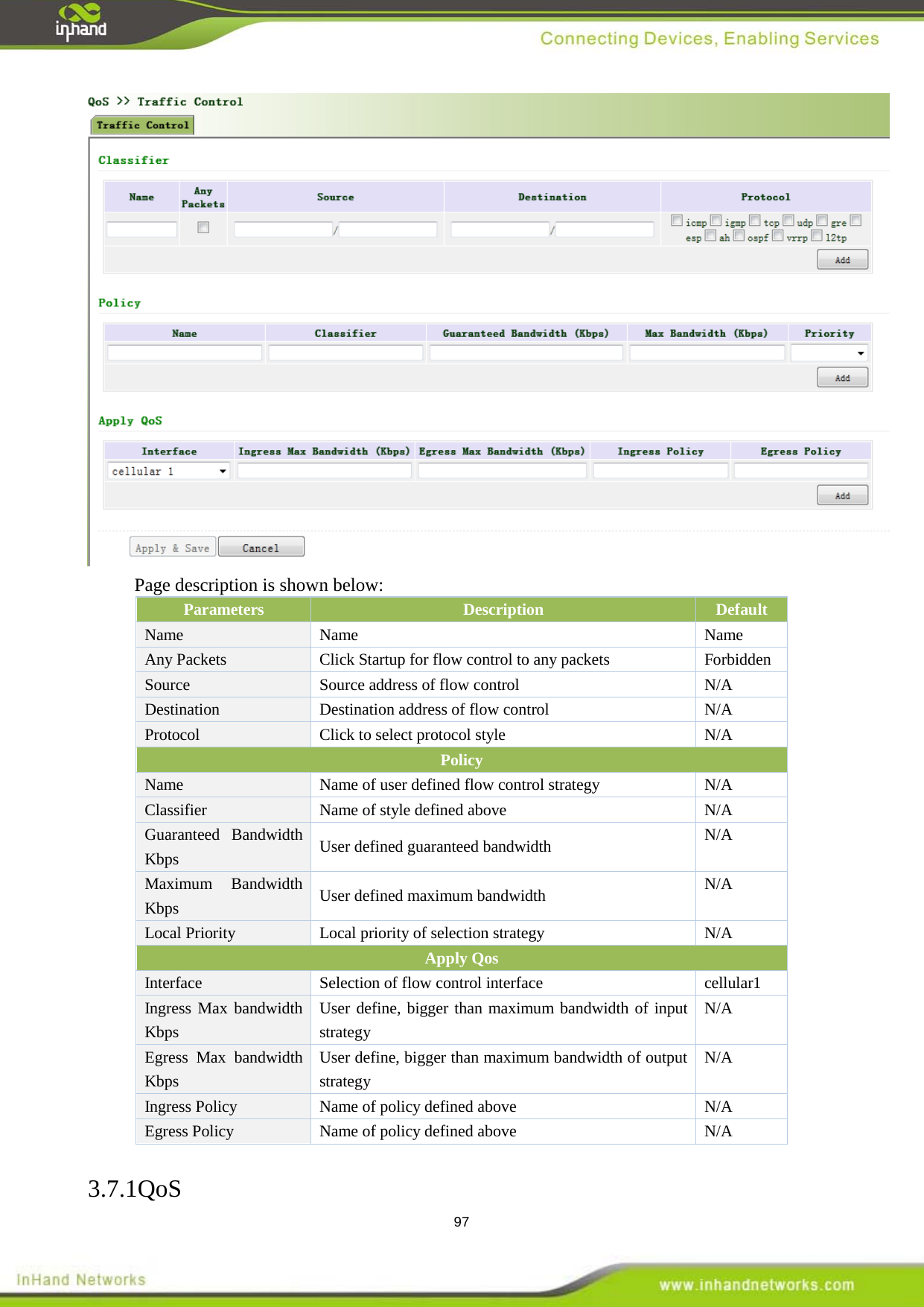  97  Page description is shown below: Parameters Description Default Name Name Name   Any Packets    Click Startup for flow control to any packets    Forbidden Source   Source address of flow control  N/A Destination   Destination address of flow control  N/A Protocol   Click to select protocol style N/A Policy Name Name of user defined flow control strategy  N/A Classifier   Name of style defined above N/A Guaranteed Bandwidth Kbps  User defined guaranteed bandwidth  N/A Maximum Bandwidth Kbps  User defined maximum bandwidth  N/A Local Priority  Local priority of selection strategy N/A Apply Qos Interface Selection of flow control interface cellular1 Ingress Max bandwidth Kbps User define, bigger than maximum bandwidth of input strategy N/A Egress Max bandwidth Kbps User define, bigger than maximum bandwidth of output strategy N/A Ingress Policy   Name of policy defined above  N/A Egress Policy Name of policy defined above  N/A 3.7.1QoS 