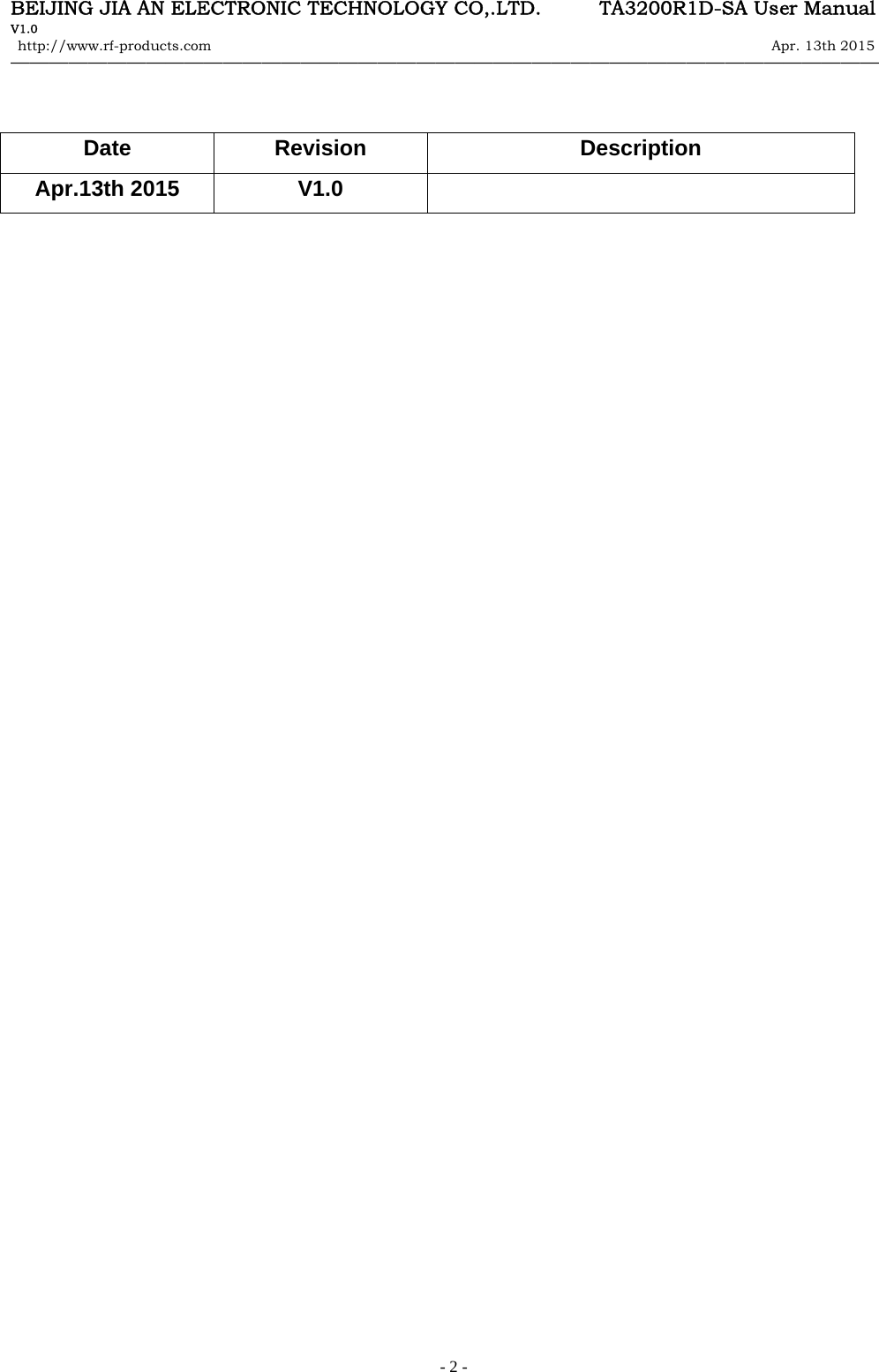 BEIJING JIA AN ELECTRONIC TECHNOLOGY CO,.LTD.      TA3200R1D-SA User Manual V1.0 http://www.rf-products.com                                                                                                                Apr. 13th 2015                                    &mdash;&mdash;&mdash;&mdash;&mdash;&mdash;&mdash;&mdash;&mdash;&mdash;&mdash;&mdash;&mdash;&mdash;&mdash;&mdash;&mdash;&mdash;&mdash;&mdash;&mdash;&mdash;&mdash;&mdash;&mdash;&mdash;&mdash;&mdash;&mdash;&mdash;&mdash;&mdash;&mdash;&mdash;&mdash;&mdash;&mdash;&mdash;&mdash;&mdash;&mdash;&mdash;&mdash;&mdash;&mdash;   - 2 -    Date Revision  Description Apr.13th 2015  V1.0                                          