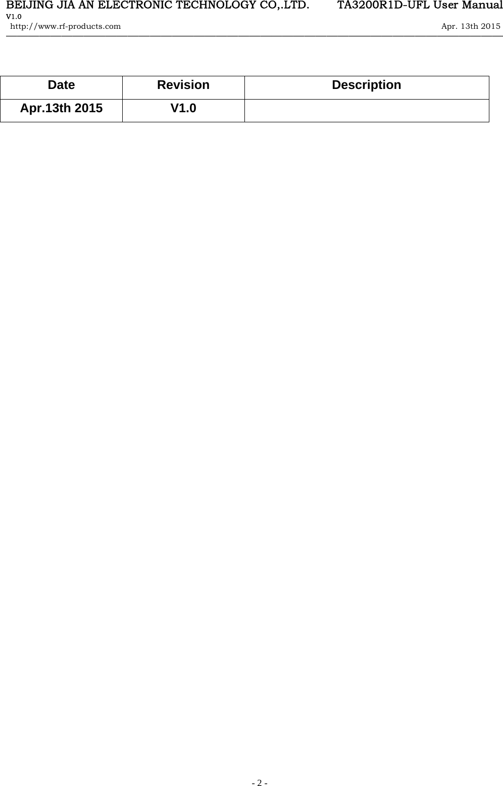 BEIJING JIA AN ELECTRONIC TECHNOLOGY CO,.LTD.     TA3200R1D-UFL User Manual V1.0 http://www.rf-products.com                                                                                                                Apr. 13th 2015                                    &mdash;&mdash;&mdash;&mdash;&mdash;&mdash;&mdash;&mdash;&mdash;&mdash;&mdash;&mdash;&mdash;&mdash;&mdash;&mdash;&mdash;&mdash;&mdash;&mdash;&mdash;&mdash;&mdash;&mdash;&mdash;&mdash;&mdash;&mdash;&mdash;&mdash;&mdash;&mdash;&mdash;&mdash;&mdash;&mdash;&mdash;&mdash;&mdash;&mdash;&mdash;&mdash;&mdash;&mdash;&mdash;   - 2 -    Date Revision  Description Apr.13th 2015  V1.0                                          