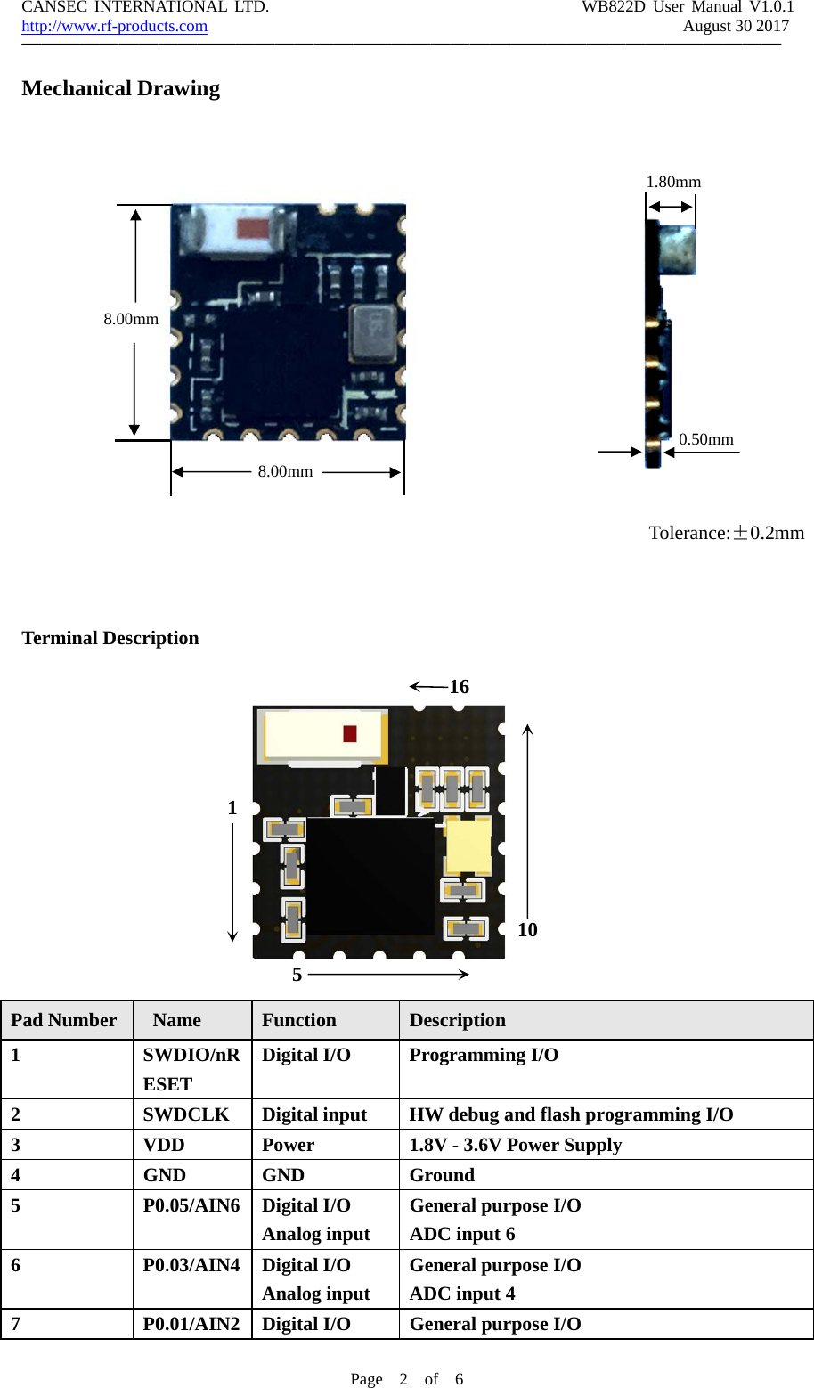 CANSEC INTERNATIONAL LTD. WB822D User Manual V1.0.1http://www.rf-products.com August 30 2017&mdash;&mdash;&mdash;&mdash;&mdash;&mdash;&mdash;&mdash;&mdash;&mdash;&mdash;&mdash;&mdash;&mdash;&mdash;&mdash;&mdash;&mdash;&mdash;&mdash;&mdash;&mdash;&mdash;&mdash;&mdash;&mdash;&mdash;&mdash;&mdash;&mdash;&mdash;&mdash;&mdash;&mdash;&mdash;&mdash;&mdash;&mdash;&mdash;Page 2of 6Mechanical DrawingTerminal DescriptionPad Number Name Function Description1 SWDIO/nRESETDigital I/O Programming I/O2 SWDCLK Digital input HW debug and flash programming I/O3 VDD Power 1.8V -3.6V Power Supply4GNDGNDGround5 P0.05/AIN6 Digital I/OAnalog inputGeneral purpose I/OADC input 66 P0.03/AIN4 Digital I/OAnalog inputGeneral purpose I/OADC input 47 P0.01/AIN2 Digital I/O General purpose I/O8.00mm8.00mm1.80mm0.50mmTolerance:&plusmn;0.2mm151016