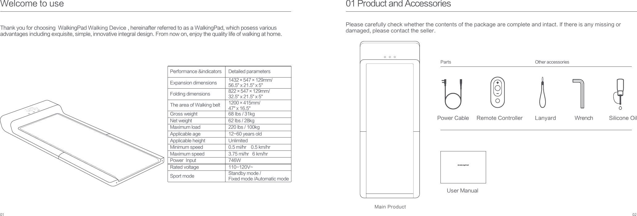 01Welcome to useMain Product01 Product and AccessoriesThank you for choosing  WalkingPad Walking Device , hereinafter referred to as a WalkingPad, which posess various advantages including exquisite, simple, innovative integral design. From now on, enjoy the quality life of walking at home.Please carefully check whether the contents of the package are complete and intact. If there is any missing or damaged, please contact the seller.Power Cable Wrench Remote Controller Lanyard Silicone OilOther accessoriesParts02Expansion dimensionsFolding dimensionsThe area of Walking belt Gross weight Net weight Maximum loadApplicable age Applicable heightPerformance &amp;indicatorsMinimum speedMaximum speedPower  InputRated voltageDetailed parametersSport mode822×547×129mm/32.5&quot;ｘ21.5&quot;ｘ5&quot;1200×415mm/47&quot;ｘ16.5&quot;1432×547×129mm/56.5&quot;ｘ21.5&quot;ｘ5&quot;68 Ibs / 31kg 62 lbs / 28kg 220 lbs / 100kg 12-60 years oldUnlimited0.5 mi/hr    0.5 km/hr3.75 mi/hr   6 km/hr 746W110-120V~Standby mode /Fixed mode /Automatic modeUser Manual 