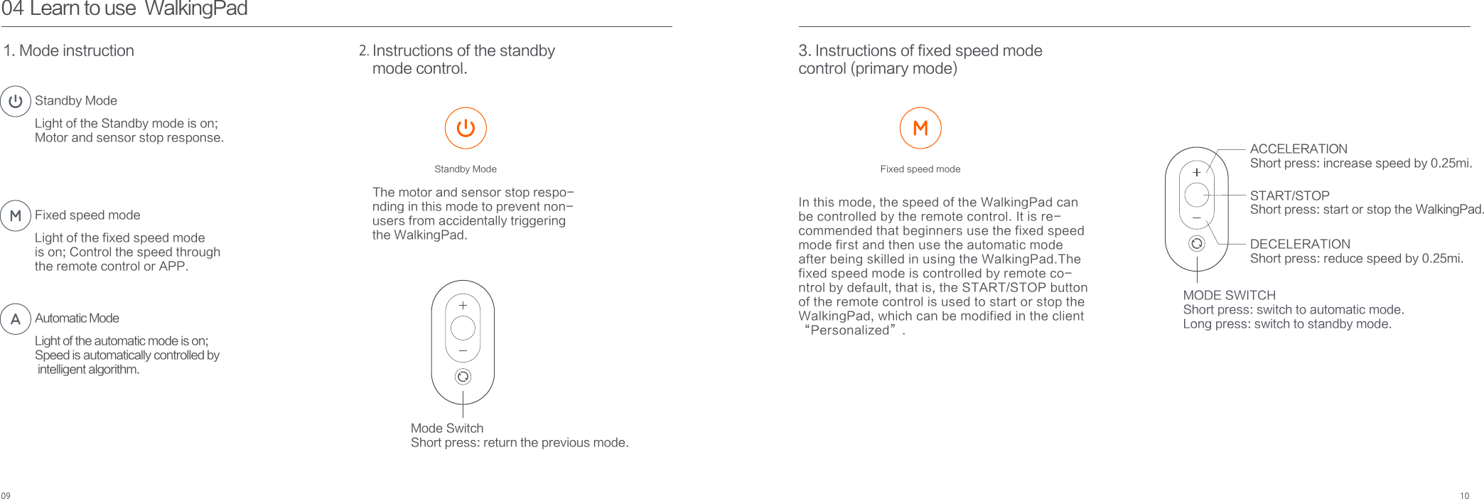 093. Instructions of fixed speed modecontrol (primary mode)04 Learn to use  WalkingPad1. Mode instructionStandby ModeLight of the Standby mode is on;Motor and sensor stop response.Fixed speed modeLight of the fixed speed mode is on; Control the speed throughthe remote control or APP. Automatic ModeLight of the automatic mode is on; Speed is automatically controlled by intelligent algorithm.2. Instructions of the standby mode control. The motor and sensor stop respo-nding in this mode to prevent non-users from accidentally triggeringthe WalkingPad.Mode SwitchShort press: return the previous mode.Standby Mode Fixed speed modeACCELERATIONShort press: increase speed by 0.25mi.START/STOPShort press: start or stop the WalkingPad.DECELERATIONShort press: reduce speed by 0.25mi.MODE SWITCH Short press: switch to automatic mode. Long press: switch to standby mode.10In this mode, the speed of the WalkingPad canbe controlled by the remote control. It is re-commended that beginners use the fixed speedmode first and then use the automatic mode after being skilled in using the WalkingPad.Thefixed speed mode is controlled by remote co-ntrol by default, that is, the START/STOP buttonof the remote control is used to start or stop the WalkingPad, which can be modified in the client “Personalized”. 