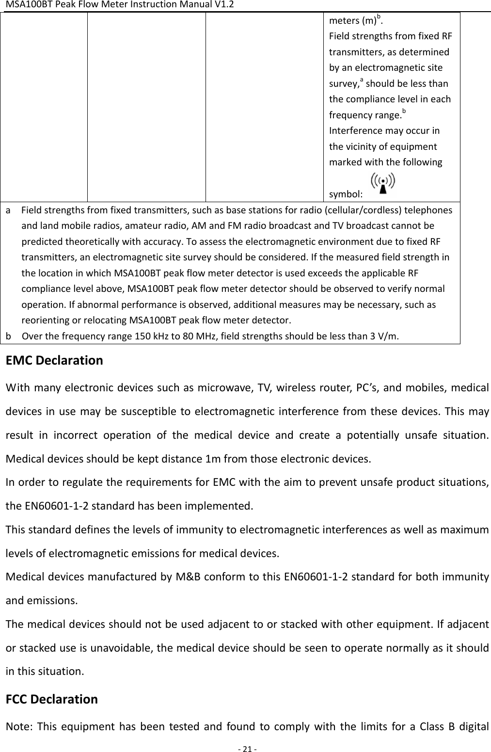MSA100BTPeakFlowMeterInstructionManualV1.2 ‐21‐meters(m)b.FieldstrengthsfromfixedRFtransmitters,asdeterminedbyanelectromagneticsitesurvey,ashouldbelessthanthecompliancelevelineachfrequencyrange.bInterferencemayoccurinthevicinityofequipmentmarkedwiththefollowingsymbol:aFieldstrengthsfromfixedtransmitters,suchasbasestationsforradio(cellular/cordless)telephonesandlandmobileradios,amateurradio,AMandFMradiobroadcastandTVbroadcastcannotbepredictedtheoreticallywithaccuracy.ToassesstheelectromagneticenvironmentduetofixedRFtransmitters,anelectromagneticsitesurveyshouldbeconsidered.IfthemeasuredfieldstrengthinthelocationinwhichMSA100BTpeakflowmeterdetectorisusedexceedstheapplicableRFcompliancelevelabove,MSA100BTpeakflowmeterdetectorshouldbeobservedtoverifynormaloperation.Ifabnormalperformanceisobserved,additionalmeasuresmaybenecessary,suchasreorientingorrelocatingMSA100BTpeakflowmeterdetector.bOverthefrequencyrange150kHzto80MHz,fieldstrengthsshouldbelessthan3V/m.EMCDeclarationWithmanyelectronicdevicessuchasmicrowave,TV,wirelessrouter,PC’s,andmobiles,medicaldevicesinusemaybesusceptibletoelectromagneticinterferencefromthesedevices.Thismayresultinincorrectoperationofthemedicaldeviceandcreateapotentiallyunsafesituation.Medicaldevicesshouldbekeptdistance1mfromthoseelectronicdevices.InordertoregulatetherequirementsforEMCwiththeaimtopreventunsafeproductsituations,theEN60601‐1‐2standardhasbeenimplemented.Thisstandarddefinesthelevelsofimmunitytoelectromagneticinterferencesaswellasmaximumlevelsofelectromagneticemissionsformedicaldevices.MedicaldevicesmanufacturedbyM&amp;BconformtothisEN60601‐1‐2standardforbothimmunityandemissions.Themedicaldevicesshouldnotbeusedadjacenttoorstackedwithotherequipment.Ifadjacentorstackeduseisunavoidable,themedicaldeviceshouldbeseentooperatenormallyasitshouldinthissituation.FCCDeclarationNote:ThisequipmenthasbeentestedandfoundtocomplywiththelimitsforaClassBdigital