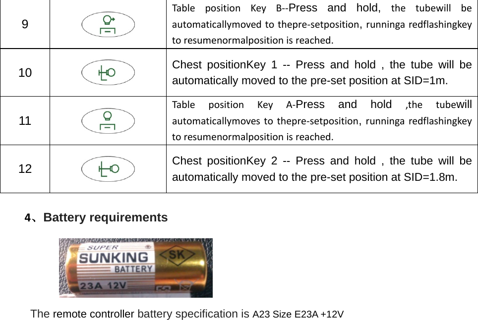 9   TablepositionKeyB‐‐Press and hold, thetubewillbeautomaticallymovedtothepre‐setposition, runningaredflashingkeytoresumenormalpositionisreached. 10   Chest positionKey 1 -- Press and hold , the tube will be automatically moved to the pre-set position at SID=1m. 11   TablepositionKeyA‐Press and hold ,thetubewill automaticallymovestothepre‐setposition, runningaredflashingkeytoresumenormalpositionisreached. 12   Chest positionKey 2 -- Press and hold , the tube will be automatically moved to the pre-set position at SID=1.8m. 4、Battery requirementsThe remote controller battery specification is A23 Size E23A +12V 