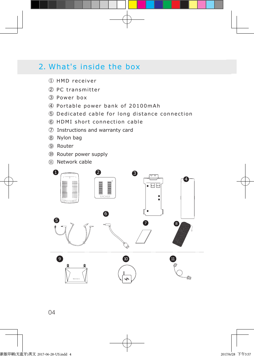 042. What's inside the box910 11② PC transmitter③ Power box⑦  Instructions and warranty card④ Portable power bank of 20100mAh⑤ Dedicated cable for long distance connection⑥ HDMI short connection cable⑧  Nylon bag① HMD receiver⑨  Router⑩Router power supply1 2 357846      Network cable11新版印刷(无蓝牙)英文  2017-06-28-US.indd   4 2017/6/28   下午3:57