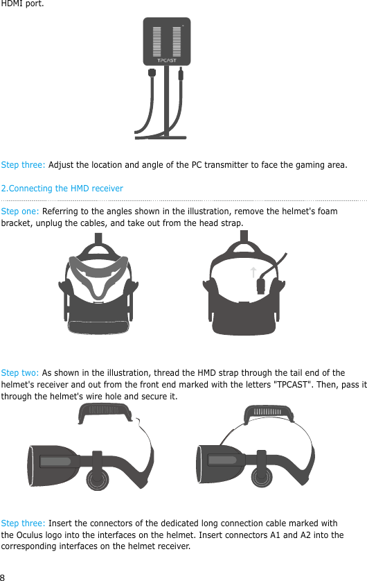 8HDMI port. Step three: Adjust the location and angle of the PC transmitter to face the gaming area.2.Connecting the HMD receiverStep one: Referring to the angles shown in the illustration, remove the helmet's foam bracket, unplug the cables, and take out from the head strap. Step two: As shown in the illustration, thread the HMD strap through the tail end of the helmet's receiver and out from the front end marked with the letters "TPCAST". Then, pass it through the helmet's wire hole and secure it.   Step three: Insert the connectors of the dedicated long connection cable marked with the Oculus logo into the interfaces on the helmet. Insert connectors A1 and A2 into the corresponding interfaces on the helmet receiver.