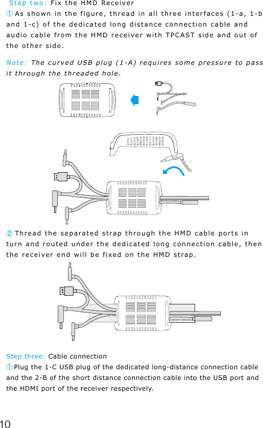 10 Step two: Fix the HMD Receiver① As shown in the figure, thread in all three interfaces (1-a, 1-b and 1-c) of the dedicated long distance connection cable and audio cable from the HMD receiver with TPCAST side and out of the other side.Note: The curved USB plug (1-A) requires some pressure to pass it through the threaded hole.Step three: Cable connection① Plug the 1-C USB plug of the dedicated long-distance connection cable and the 2-B of the short distance connection cable into the USB port and the HDMI port of the receiver respectively.② Thread the separated strap through the HMD cable ports in turn and routed under the dedicated long connection cable, then the receiver end will be fixed on the HMD strap.
