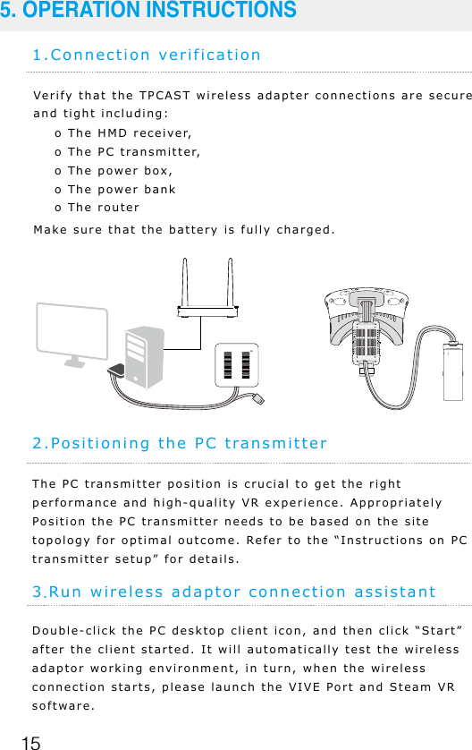 151.Connection verificationVerify that the TPCAST wireless adapter connections are secure and tight including:Make sure that the battery is fully charged.o The HMD receiver, o The PC transmitter, o The power box, o The power banko The router5. OPERATION INSTRUCTIONS2.Positioning the PC transmitterThe PC transmitter position is crucial to get the right performance and high-quality VR experience. Appropriately Position the PC transmitter needs to be based on the site topology for optimal outcome. Refer to the &ldquo;Instructions on PC transmitter setup&rdquo; for details.3.Run wireless adaptor connection assistantDouble-click the PC desktop client icon, and then click &ldquo;Start&rdquo; after the client started. It will automatically test the wireless adaptor working environment, in turn, when the wireless connection starts, please launch the VIVE Port and Steam VR software.