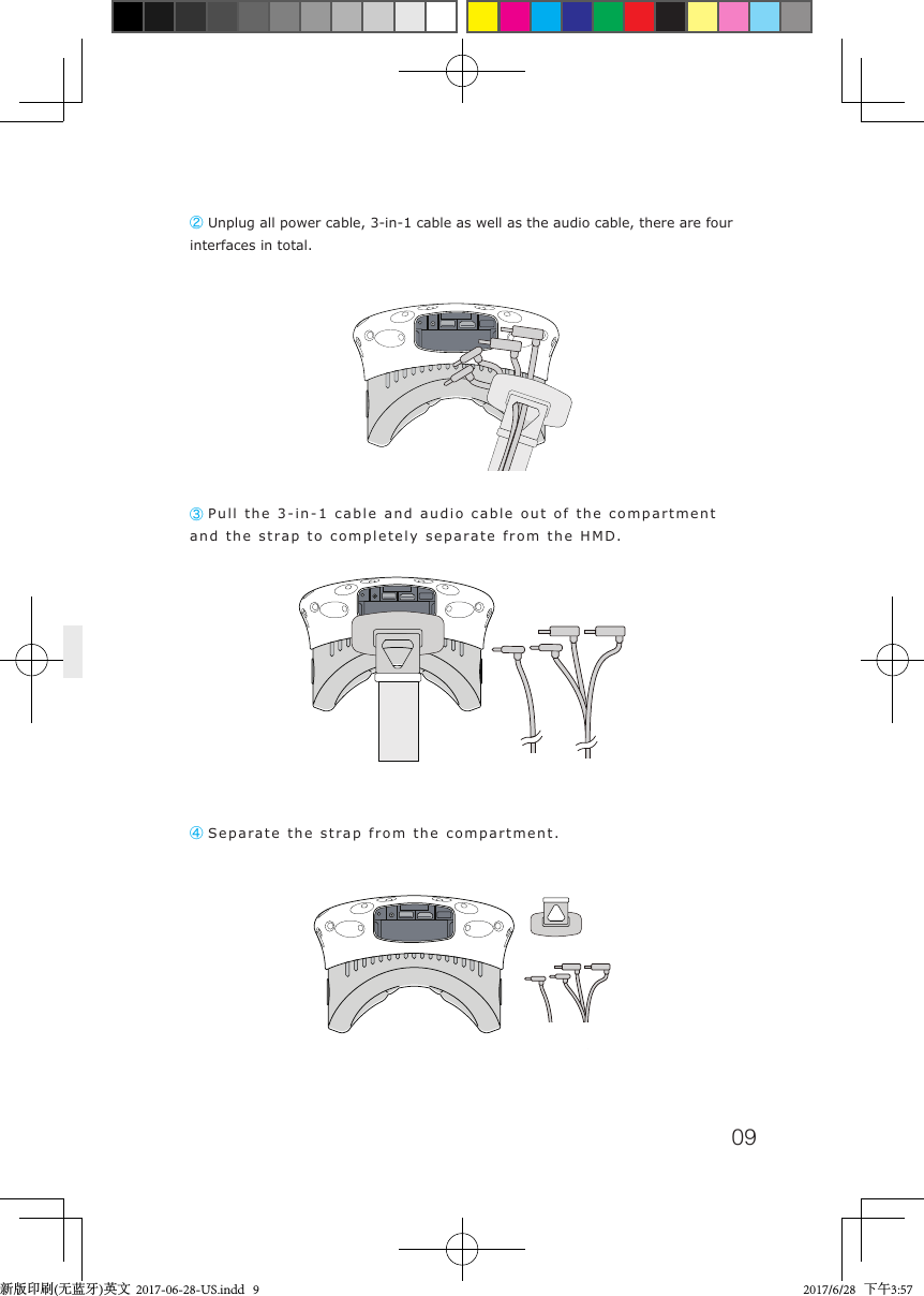 09② Unplug all power cable, 3-in-1 cable as well as the audio cable, there are four interfaces in total. ③ Pull the 3-in-1 cable and audio cable out of the compartment and the strap to completely separate from the HMD.④ Separate the strap from the compartment.新版印刷(无蓝牙)英文  2017-06-28-US.indd   9 2017/6/28   下午3:57