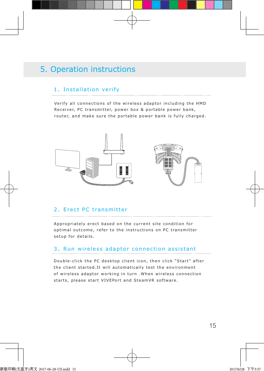 151、Installation verifyVerify all connections of the wireless adaptor including the HMD Receiver, PC transmitter, power box &amp; portable power bank, router, and make sure the portable power bank is fully charged.5. Operation instructions2、Erect PC transmitterAppropriately erect based on the current site condition for optimal outcome, refer to the instructions on PC transmitter setup for details.3、Run wireless adaptor connection assistantDouble-click the PC desktop client icon, then click &ldquo;Start&rdquo; after the client started.It will automatically test the environment of wireless adaptor working in turn .When wireless connection starts, please start VIVEPort and SteamVR software.新版印刷(无蓝牙)英文  2017-06-28-US.indd   15 2017/6/28   下午3:57