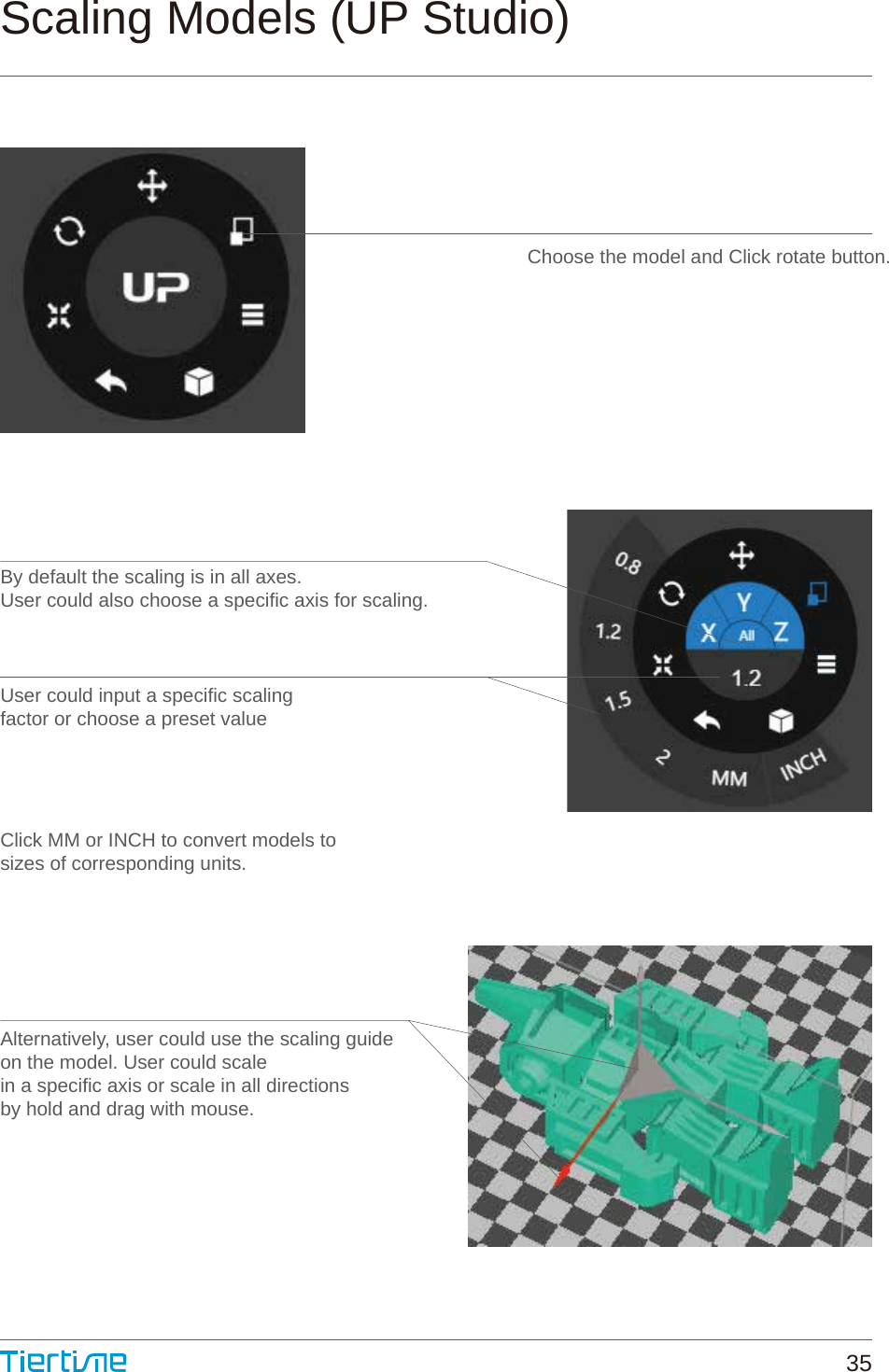 By default the scaling is in all axes.User could also choose a specific axis for scaling.User could input a specific scalingfactor or choose a preset valueClick MM or INCH to convert models tosizes of corresponding units.Alternatively, user could use the scaling guideon the model. User could scalein a specific axis or scale in all directionsby hold and drag with mouse.Scaling Models (UP Studio)Choose the model and Click rotate button.35