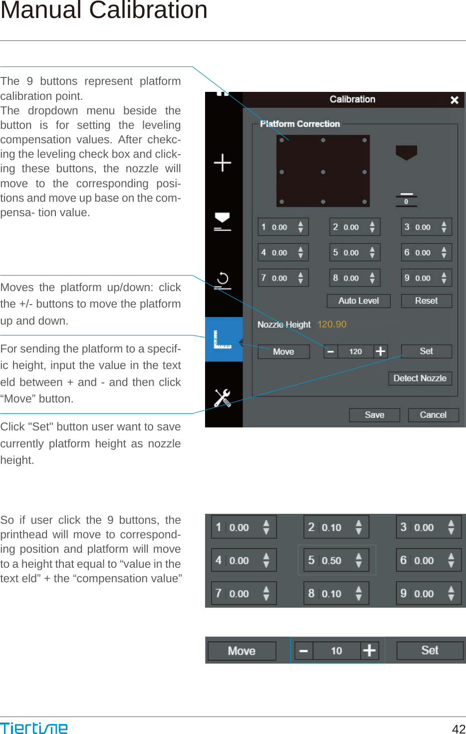 Manual CalibrationThe 9 buttons represent platform calibration point.The dropdown menu beside the button is for setting the leveling compensation values. After chekc-ing the leveling check box and click-ing these buttons, the nozzle will move to the corresponding posi-tions and move up base on the com-pensa- tion value.Moves the platform up/down: click the +/- buttons to move the platform up and down.For sending the platform to a specif- ic height, input the value in the text  eld between + and - and then click “Move” button.Click &quot;Set&quot; button user want to save currently platform height as nozzle height.So if user click the 9 buttons, the printhead will move to correspond-ing position and platform will move to a height that equal to “value in the text eld” + the “compensation value”120.9042