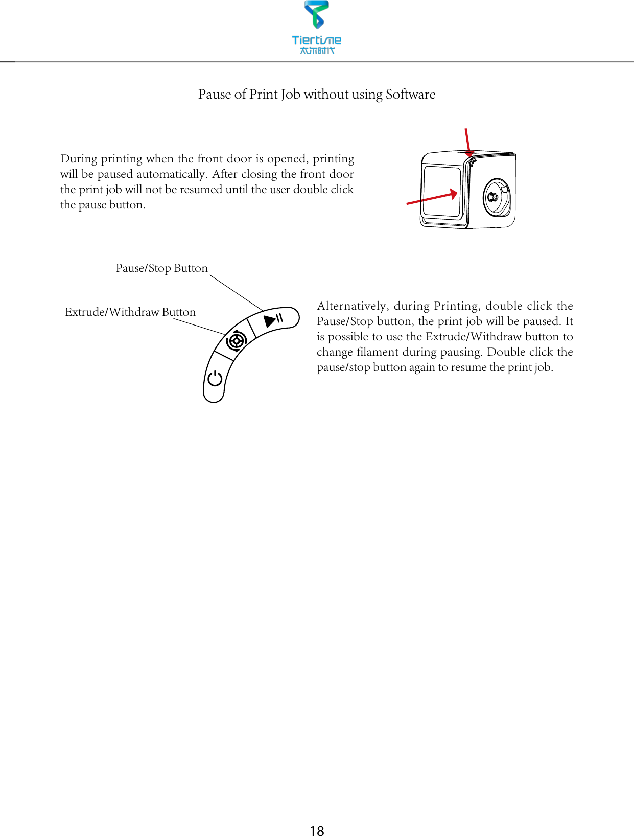 18Pause of Print Job without using SoftwareDuring printing when the front door is opened, printing will be paused automatically. After closing the front door the print job will not be resumed until the user double click the pause button.Alternatively, during Printing, double click the Pause/Stop button, the print job will be paused. It is possible to use the Extrude/Withdraw button to change filament during pausing. Double click the pause/stop button again to resume the print job.Pause/Stop ButtonExtrude/Withdraw Button