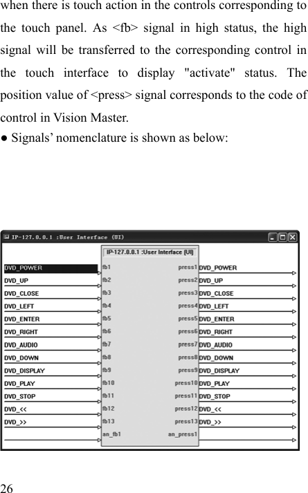   26 when there is touch action in the controls corresponding to the touch panel. As &lt;fb&gt; signal in high status, the high signal will be transferred to the corresponding control in the touch interface to display &quot;activate&quot; status. The position value of &lt;press&gt; signal corresponds to the code of control in Vision Master. ● Signals’ nomenclature is shown as below:               