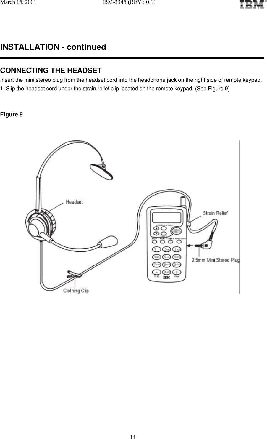 March 15, 2001   IBM-3345 (REV : 0.1)   14 INSTALLATION - continued  CONNECTING THE HEADSET Insert the mini stereo plug from the headset cord into the headphone jack on the right side of remote keypad. 1. Slip the headset cord under the strain relief clip located on the remote keypad. (See Figure 9)   Figure 9              