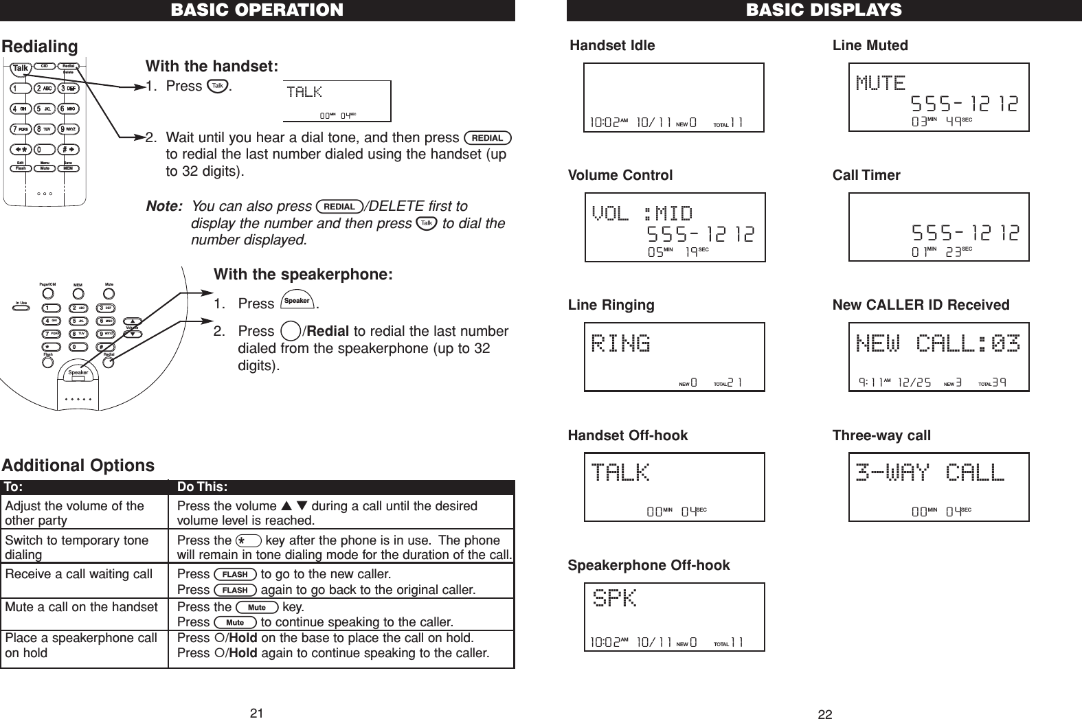 22Handset Idle Volume ControlLine RingingHandset Off-hookSpeakerphone Off-hookLine MutedCall TimerNew CALLER ID ReceivedThree-way call         00   04   MIN SEC3-WAY CALL9:11  12/25    3     39NEW TOTALAMNEW CALL:03         01   23   MIN SEC     555-1212         03   49   MIN SEC     555-1212MUTE10:02  10/11   0     11NEW TOTALAMSPK         00   04   MIN SECTALK                 0     21NEW TOTALRING         05   19   MIN SEC     555-1212VOL :MID10:02  10/11   0     11NEW TOTALAMBASIC DISPLAYSRedialingWith the handset:1. Press T.2. Wait until you hear a dial tone, and then press Rto redial the last number dialed using the handset (upto 32 digits).Note: You can also press R/DELETE first todisplay the number and then press Tto dial thenumber displayed.With the speakerphone:1. Press .2. Press /Redial to redial the last numberdialed from the speakerphone (up to 32digits).Additional OptionsSpeakerBASIC OPERATION21To: Do This:Adjust the volume of the  Press the volume ▲▼during a call until the desired other party volume level is reached.Switch to temporary tone Press the *key after the phone is in use. The phone dialing will remain in tone dialing mode for the duration of the call.Receive a call waiting call Press Fto go to the new caller.Press Fagain to go back to the original caller.Mute a call on the handset Press the Lkey.Press Lto continue speaking to the caller.Place a speakerphone call Press /Hold on the base to place the call on hold.on hold Press /Hold again to continue speaking to the caller.CID RedialTalkFlash MuteSaveMEMMenuEditDelete         00   04   MIN SECTALKSpeakerFlash RedialVolume#0*986532741PQRSGHITUVJKLWXYZMNOABC DEFIn UsePage/ICM MEM Mute