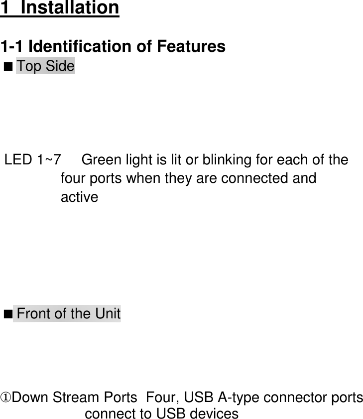 1  Installation1-1 Identification of Features ■ Top Side LED 1~7     Green light is lit or blinking for each of the               four ports when they are connected and               active ■ Front of the Unit①Down Stream Ports  Four, USB A-type connector ports                     connect to USB devices