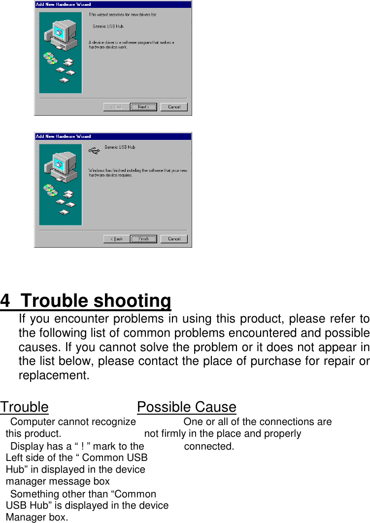 4  Trouble shootingIf you encounter problems in using this product, please refer tothe following list of common problems encountered and possiblecauses. If you cannot solve the problem or it does not appear inthe list below, please contact the place of purchase for repair orreplacement.Trouble                      Possible CauseComputer cannot recognize              One or all of the connections are  this product.                             not firmly in the place and properlyDisplay has a &ldquo; ! &rdquo; mark to the              connected.  Left side of the &ldquo; Common USB  Hub&rdquo; in displayed in the device  manager message boxSomething other than &ldquo;Common  USB Hub&rdquo; is displayed in the device  Manager box.