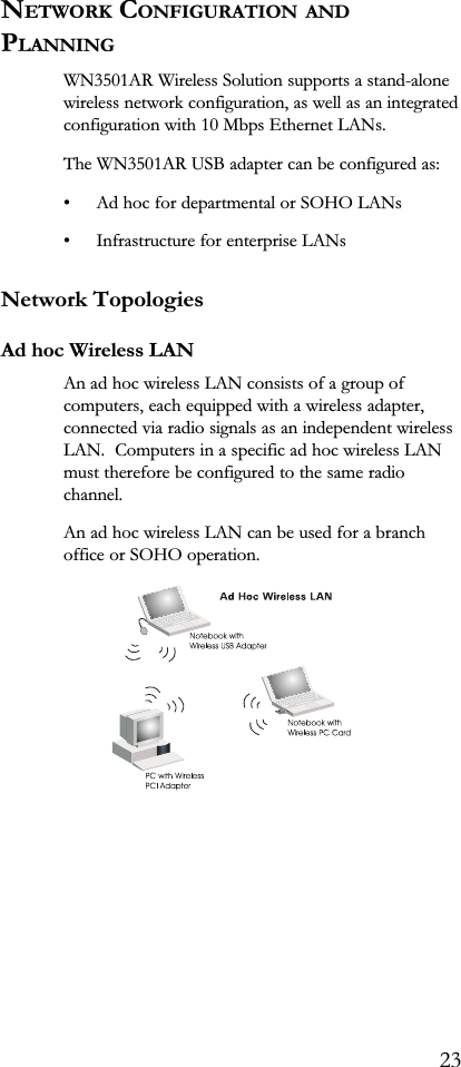 NETWORK CONFIGURATION ANDPLANNINGWN3501AR Wireless Solution supports a stand-alonewireless network configuration, as well as an integratedconfiguration with 10 Mbps Ethernet LANs.The WN3501AR USB adapter can be configured as: Ad hoc for departmental or SOHO LANs Infrastructure for enterprise LANsNetwork TopologiesAd hoc Wireless LANAn ad hoc wireless LAN consists of a group ofcomputers, each equipped with a wireless adapter,connected via radio signals as an independent wirelessLAN.  Computers in a specific ad hoc wireless LANmust therefore be configured to the same radiochannel.An ad hoc wireless LAN can be used for a branchoffice or SOHO operation.23