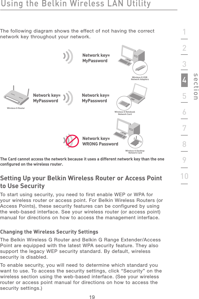 191912345678910sectionThe following diagram shows the effect of not having the correct network key throughout your network.The Card cannot access the network because it uses a different network key than the one configured on the wireless router.Setting Up your Belkin Wireless Router or Access Point to Use SecurityTo start using security, you need to first enable WEP or WPA for your wireless router or access point. For Belkin Wireless Routers (or Access Points), these security features can be configured by using the web-based interface. See your wireless router (or access point) manual for directions on how to access the management interface.Changing the Wireless Security SettingsThe Belkin Wireless G Router and Belkin G Range Extender/Access Point are equipped with the latest WPA security feature. They also support the legacy WEP security standard. By default, wireless security is disabled. To enable security, you will need to determine which standard you want to use. To access the security settings, click “Security” on the wireless section using the web-based interface. (See your wireless router or access point manual for directions on how to access the  security settings.)Wireless G RouterWireless G Notebook Network CardWireless G Desktop  Network CardWireless G USB  Network AdapterzNetwork key=WRONG PasswordNetwork key=MyPasswordNetwork key=MyPasswordNetwork key=MyPasswordUsing the Belkin Wireless LAN Utility