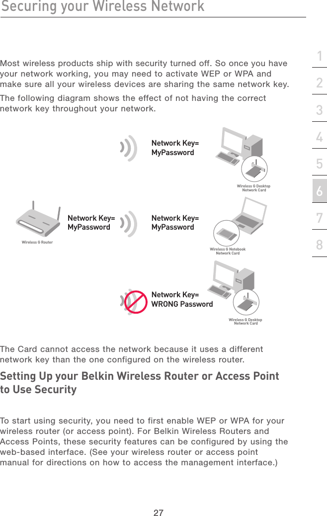 27Securing your Wireless Network27section21345678Most wireless products ship with security turned off. So once you have your network working, you may need to activate WEP or WPA and make sure all your wireless devices are sharing the same network key.The following diagram shows the effect of not having the correct network key throughout your network.The Card cannot access the network because it uses a different network key than the one configured on the wireless router.Setting Up your Belkin Wireless Router or Access Point to Use SecurityTo start using security, you need to first enable WEP or WPA for your wireless router (or access point). For Belkin Wireless Routers and Access Points, these security features can be configured by using the  web-based interface. (See your wireless router or access point  manual for directions on how to access the management interface.)Wireless G RouterWireless G Notebook Network CardWireless G Desktop  Network CardWireless G Desktop Network CardNetwork Key=WRONG PasswordNetwork Key=MyPasswordNetwork Key=MyPasswordNetwork Key=MyPassword