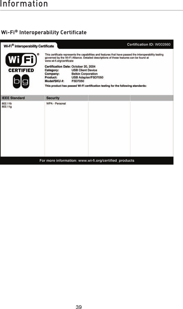 InformationWi-Fi® Interoperability Certificate39