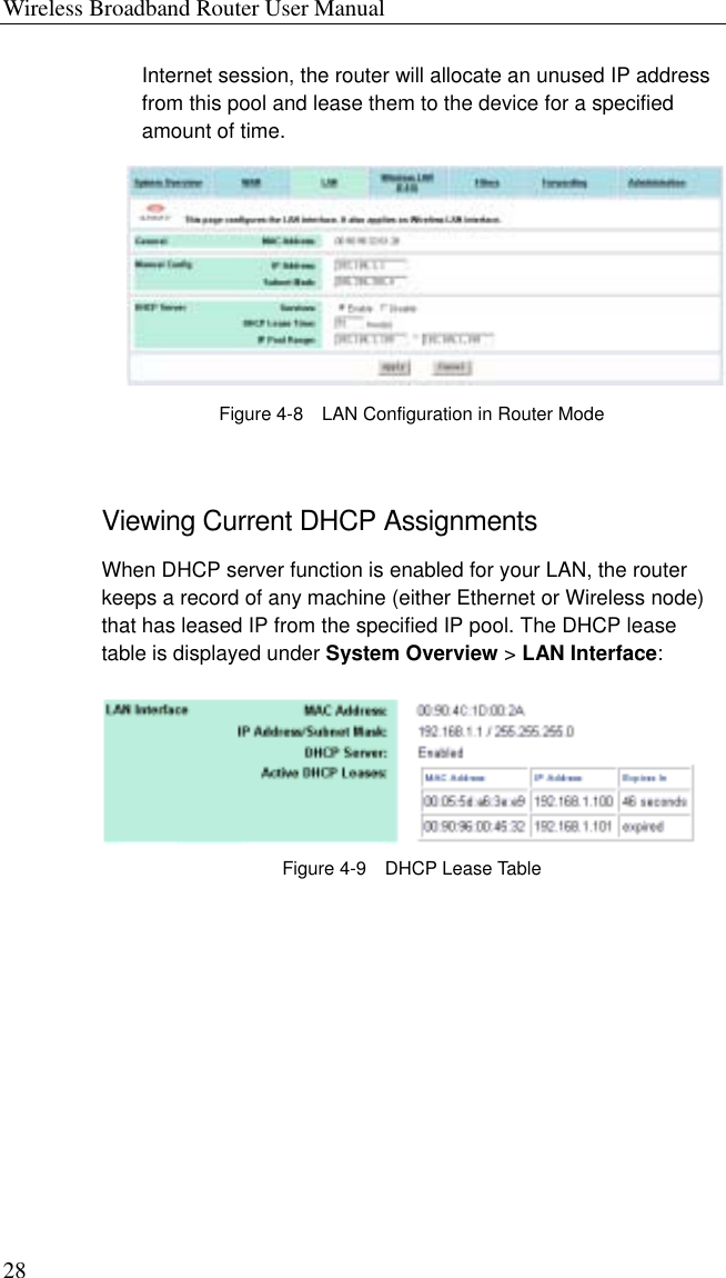Wireless Broadband Router User Manual 28 Internet session, the router will allocate an unused IP address from this pool and lease them to the device for a specified amount of time.  Figure 4-8    LAN Configuration in Router Mode Viewing Current DHCP Assignments When DHCP server function is enabled for your LAN, the router keeps a record of any machine (either Ethernet or Wireless node) that has leased IP from the specified IP pool. The DHCP lease table is displayed under System Overview &gt; LAN Interface:  Figure 4-9  DHCP Lease Table 
