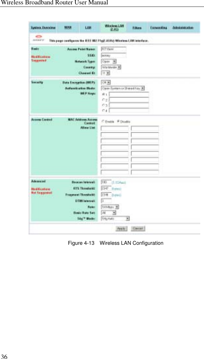 Wireless Broadband Router User Manual 36  Figure 4-13    Wireless LAN Configuration 