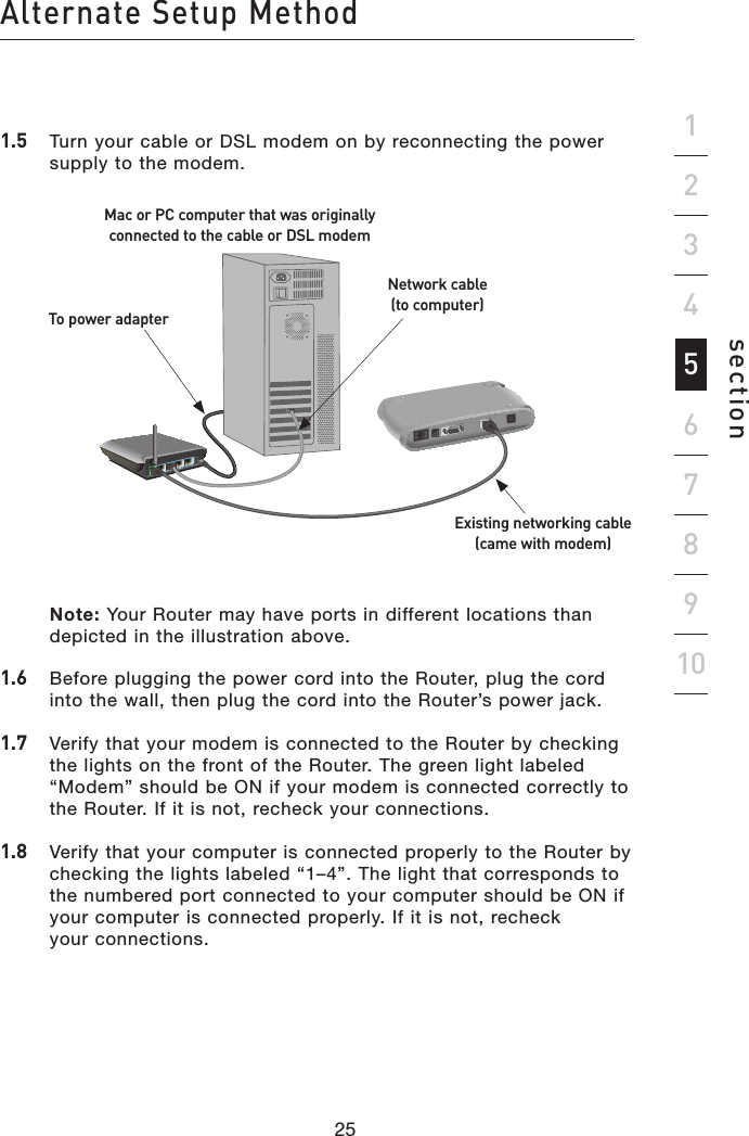 25242524Alternate Setup Methodsection192345678101.5   Turn your cable or DSL modem on by reconnecting the power supply to the modem.To power adapterMac or PC computer that was originally connected to the cable or DSL modemNetwork cable  (to computer)Existing networking cable (came with modem)   Note: Your Router may have ports in different locations than depicted in the illustration above.1.6   Before plugging the power cord into the Router, plug the cord into the wall, then plug the cord into the Router’s power jack.1.7   Verify that your modem is connected to the Router by checking the lights on the front of the Router. The green light labeled “Modem” should be ON if your modem is connected correctly to the Router. If it is not, recheck your connections.1.8    Verify that your computer is connected properly to the Router by checking the lights labeled “1–4”. The light that corresponds to the numbered port connected to your computer should be ON if your computer is connected properly. If it is not, recheck your connections. 