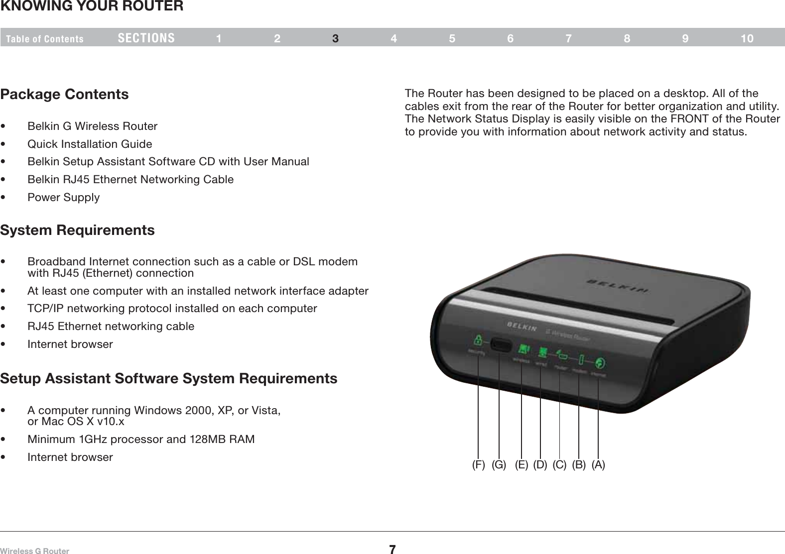 7Wireless G RouterSECTIONSTable of Contents 12 45678910KNOWING YOUR ROUTER3Package ContentsŘ Belkin G Wireless RouterŘ Quick Installation GuideŘ Belkin Setup Assistant Software CD with User ManualŘ Belkin RJ45 Ethernet Networking CableŘ Power SupplySystem RequirementsŘ Broadband Internet connection such as a cable or DSL modem with RJ45 (Ethernet) connectionŘ At least one computer with an installed network interface adapterŘ TCP/IP networking protocol installed on each computerŘ RJ45 Ethernet networking cableŘ Internet browserSetup Assistant Software System RequirementsŘ A computer running Windows 2000, XP, or Vista,or Mac OS X v10.xŘ Minimum 1GHz processor and 128MB RAMŘ Internet browser The Router has been designed to be placed on a desktop. All of the cables exit from the rear of the Router for better organization and utility.The Network Status Display is easily visible on the FRONT of the Router to provide you with information about network activity and status.(F) (G) (E) (D) (C) (B) (A)