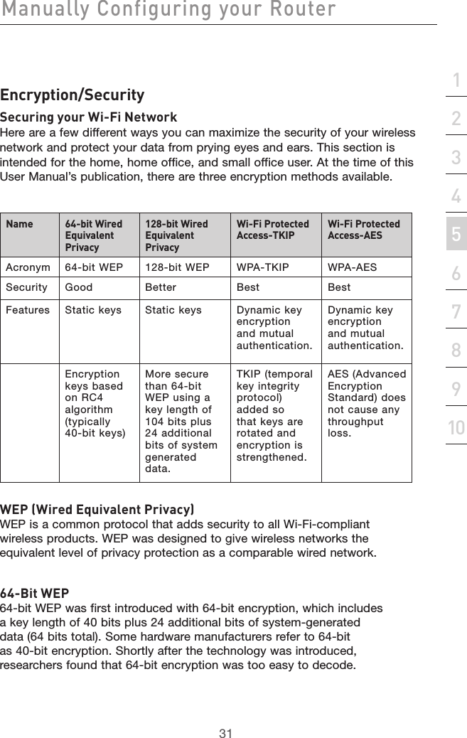 31Manually Configuring your Router31section21345678910Encryption/SecuritySecuring your Wi-Fi NetworkHere are a few different ways you can maximize the security of your wireless network and protect your data from prying eyes and ears. This section is intended for the home, home office, and small office user. At the time of this User Manual’s publication, there are three encryption methods available.Name 64-bit Wired Equivalent Privacy128-bit Wired Equivalent PrivacyWi-Fi Protected Access-TKIP Wi-Fi Protected Access-AESAcronym 64-bit WEP 128-bit WEP WPA-TKIP WPA-AESSecurity Good Better Best BestFeatures Static keys  Static keys  Dynamic key encryption and mutual authentication.Dynamic key encryption and mutual authentication.Encryption keys based on RC4 algorithm (typically  40-bit keys)More secure than 64-bit WEP using a key length of 104 bits plus 24 additional bits of system generated data.TKIP (temporal key integrity protocol) added so that keys are rotated and encryption is strengthened.AES (Advanced Encryption Standard) does not cause any throughput loss.WEP (Wired Equivalent Privacy)WEP is a common protocol that adds security to all Wi-Fi-compliant wireless products. WEP was designed to give wireless networks the equivalent level of privacy protection as a comparable wired network. 64-Bit WEP64-bit WEP was first introduced with 64-bit encryption, which includes a key length of 40 bits plus 24 additional bits of system-generated data (64 bits total). Some hardware manufacturers refer to 64-bit as 40-bit encryption. Shortly after the technology was introduced, researchers found that 64-bit encryption was too easy to decode.