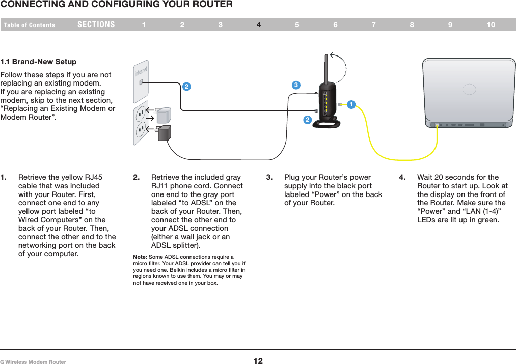 12G Wireless Modem RouterSECTIONSTable of Contents 123 5678910CONNECTING AND CONFIGURING YOUR ROUTER 41.1 Brand-New SetupFollow these steps if you are not replacing an existing modem� If you are replacing an existing modem, skip to the next section, “Replacing an Existing Modem or Modem Router”�1.  Retrieve the yellow RJ45 cable that was included with your Router� First, connect one end to any yellow port labeled “to Wired Computers” on the back of your Router� Then, connect the other end to the networking port on the back of your computer�2.  Retrieve the included gray RJ11 phone cord� Connect one end to the gray port labeled “to ADSL” on the back of your Router� Then, connect the other end to your ADSL connection (either a wall jack or an ADSL splitter)�Note: Some ADSL connections require a micro filter� Your ADSL provider can tell you if you need one� Belkin includes a micro filter in regions known to use them� You may or may not have received one in your box�3.  Plug your Router’s power supply into the black port labeled “Power” on the back of your Router� 4.  Wait 20 seconds for the Router to start up� Look at the display on the front of the Router� Make sure the “Power” and “LAN (1-4)” LEDs are lit up in green�1322