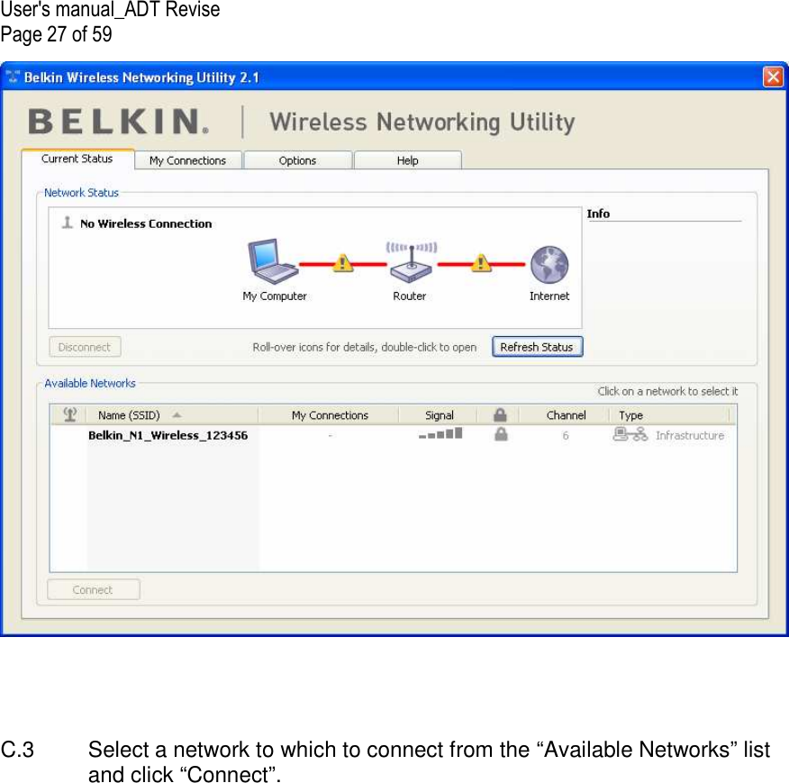 User&apos;s manual_ADT Revise Page 27 of 59      C.3  Select a network to which to connect from the “Available Networks” list and click “Connect”.    