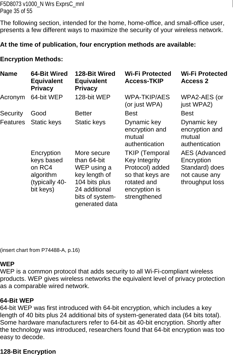 F5D8073 v1000_N Wrs ExprsC_mnl Page 35 of 55 The following section, intended for the home, home-office, and small-office user, presents a few different ways to maximize the security of your wireless network.  At the time of publication, four encryption methods are available:  Encryption Methods:  Name 64-Bit Wired Equivalent Privacy 128-Bit Wired Equivalent Privacy Wi-Fi Protected Access-TKIP Wi-Fi Protected Access 2 Acronym 64-bit WEP  128-bit WEP  WPA-TKIP/AES (or just WPA)  WPA2-AES (or just WPA2) Security Good  Better  Best  Best Features  Static keys   Static keys   Dynamic key encryption and mutual authentication Dynamic key encryption and mutual authentication  Encryption keys based on RC4 algorithm (typically 40-bit keys) More secure than 64-bit WEP using a key length of 104 bits plus 24 additional bits of system-generated dataTKIP (Temporal Key Integrity Protocol) added so that keys are rotated and encryption is strengthened AES (Advanced Encryption Standard) does not cause any throughput loss     (insert chart from P74488-A, p.16)  WEP  WEP is a common protocol that adds security to all Wi-Fi-compliant wireless products. WEP gives wireless networks the equivalent level of privacy protection as a comparable wired network.  64-Bit WEP 64-bit WEP was first introduced with 64-bit encryption, which includes a key length of 40 bits plus 24 additional bits of system-generated data (64 bits total). Some hardware manufacturers refer to 64-bit as 40-bit encryption. Shortly after the technology was introduced, researchers found that 64-bit encryption was too easy to decode.  128-Bit Encryption 