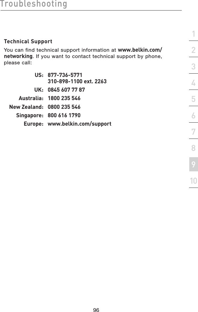 96Troubleshooting96section21345678910Technical SupportYou can find technical support information at www.belkin.com/networking. If you want to contact technical support by phone, please call:  US:   877-736-5771  310-898-1100 ext. 2263 UK:  0845 607 77 87 Australia:  1800 235 546 New Zealand:  0800 235 546 Singapore:  800 616 1790 Europe:  www.belkin.com/support