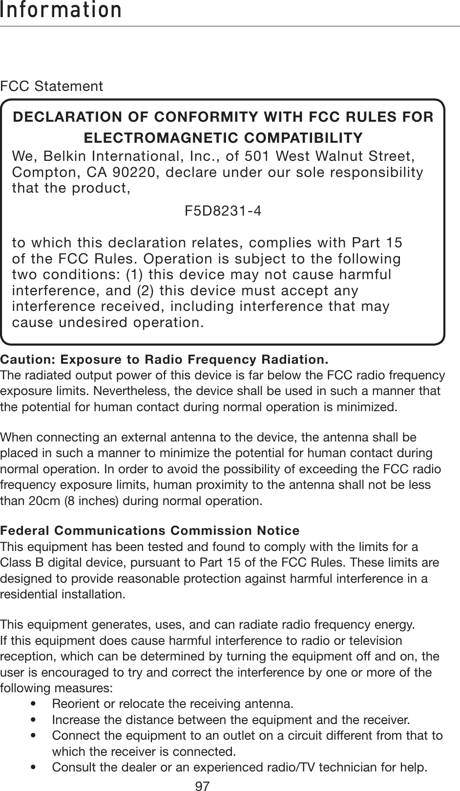 &gt;c[dgbVi^dc&amp;##3TATEMENT$%#,!2!4)/./&amp;#/.&amp;/2-)497)4(&amp;##25,%3&amp;/2%,%#42/-!&apos;.%4)##/-0!4)&quot;),)497E&quot;ELKIN)NTERNATIONAL)NCOF7EST7ALNUT3TREET#OMPTON#!DECLAREUNDEROURSOLERESPONSIBILITYTHATTHEPRODUCT&amp;$TOWHICHTHISDECLARATIONRELATESCOMPLIESWITH0ARTOFTHE&amp;##2ULES/PERATIONISSUBJECTTOTHEFOLLOWINGTWOCONDITIONSTHISDEVICEMAYNOTCAUSEHARMFULINTERFERENCEANDTHISDEVICEMUSTACCEPTANYINTERFERENCERECEIVEDINCLUDINGINTERFERENCETHATMAYCAUSEUNDESIREDOPERATION#AUTION%XPOSURETO2ADIO&amp;REQUENCY2ADIATION4HERADIATEDOUTPUTPOWEROFTHISDEVICEISFARBELOWTHE&amp;##RADIOFREQUENCYEXPOSURELIMITS.EVERTHELESSTHEDEVICESHALLBEUSEDINSUCHAMANNERTHATTHEPOTENTIALFORHUMANCONTACTDURINGNORMALOPERATIONISMINIMIZED7HENCONNECTINGANEXTERNALANTENNATOTHEDEVICETHEANTENNASHALLBEPLACEDINSUCHAMANNERTOMINIMIZETHEPOTENTIALFORHUMANCONTACTDURINGNORMALOPERATION)NORDERTOAVOIDTHEPOSSIBILITYOFEXCEEDINGTHE&amp;##RADIOFREQUENCYEXPOSURELIMITSHUMANPROXIMITYTOTHEANTENNASHALLNOTBELESSTHANCMINCHESDURINGNORMALOPERATION&amp;EDERAL#OMMUNICATIONS#OMMISSION.OTICE4HISEQUIPMENTHASBEENTESTEDANDFOUNDTOCOMPLYWITHTHELIMITSFORA#LASS&quot;DIGITALDEVICEPURSUANTTO0ARTOFTHE&amp;##2ULES4HESELIMITSAREDESIGNEDTOPROVIDEREASONABLEPROTECTIONAGAINSTHARMFULINTERFERENCEINARESIDENTIALINSTALLATION4HISEQUIPMENTGENERATESUSESANDCANRADIATERADIOFREQUENCYENERGY)FTHISEQUIPMENTDOESCAUSEHARMFULINTERFERENCETORADIOORTELEVISIONRECEPTIONWHICHCANBEDETERMINEDBYTURNINGTHEEQUIPMENTOFFANDONTHEUSERISENCOURAGEDTOTRYANDCORRECTTHEINTERFERENCEBYONEORMOREOFTHEFOLLOWINGMEASURES  s 2EORIENTORRELOCATETHERECEIVINGANTENNA  s )NCREASETHEDISTANCEBETWEENTHEEQUIPMENTANDTHERECEIVERs#ONNECTTHEEQUIPMENTTOANOUTLETONACIRCUITDIFFERENTFROMTHATTOWHICHTHERECEIVERISCONNECTED  s #ONSULTTHEDEALERORANEXPERIENCEDRADIO46TECHNICIANFORHELP