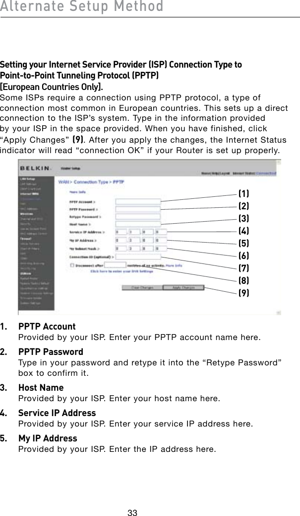 33Alternate Setup Method34Setting your Internet Service Provider (ISP) Connection Type to Point-to-Point Tunneling Protocol (PPTP) [European Countries Only]. Some ISPs require a connection using PPTP protocol, a type of connection most common in European countries. This sets up a direct connection to the ISP’s system. Type in the information provided by your ISP in the space provided. When you have finished, click “Apply Changes” (9). After you apply the changes, the Internet Status indicator will read “connection OK” if your Router is set up properly. (1)(2)(4)(5)(7)(3)(6)(8)(9)1.   PPTP Account Provided by your ISP. Enter your PPTP account name here.2.  PPTP Password Type in your password and retype it into the “Retype Password” box to confirm it.3.  Host Name Provided by your ISP. Enter your host name here.4.   Service IP Address Provided by your ISP. Enter your service IP address here.5.  My IP Address Provided by your ISP. Enter the IP address here.