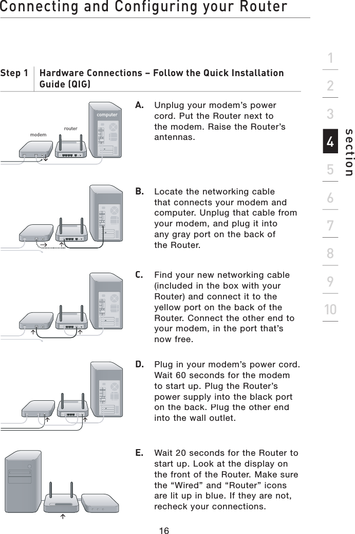 Connecting and Configuring your Router16section21345678910Step 1     Hardware Connections – Follow the Quick Installation Guide (QIG)A. Unplug your modem’s power cord. Put the Router next to the modem. Raise the Router’s antennas.B.  Locate the networking cable that connects your modem and computer. Unplug that cable from your modem, and plug it intoany gray port on the back ofthe Router.C. Find your new networking cable (included in the box with your Router) and connect it to the yellow port on the back of the Router. Connect the other end to your modem, in the port that’snow free.D.   Plug in your modem’s power cord. Wait 60 seconds for the modem to start up. Plug the Router’s power supply into the black port on the back. Plug the other end into the wall outlet.E.   Wait 20 seconds for the Router to start up. Look at the display on the front of the Router. Make sure the “Wired” and “Router” icons are lit up in blue. If they are not, recheck your connections.modemroutercomputer