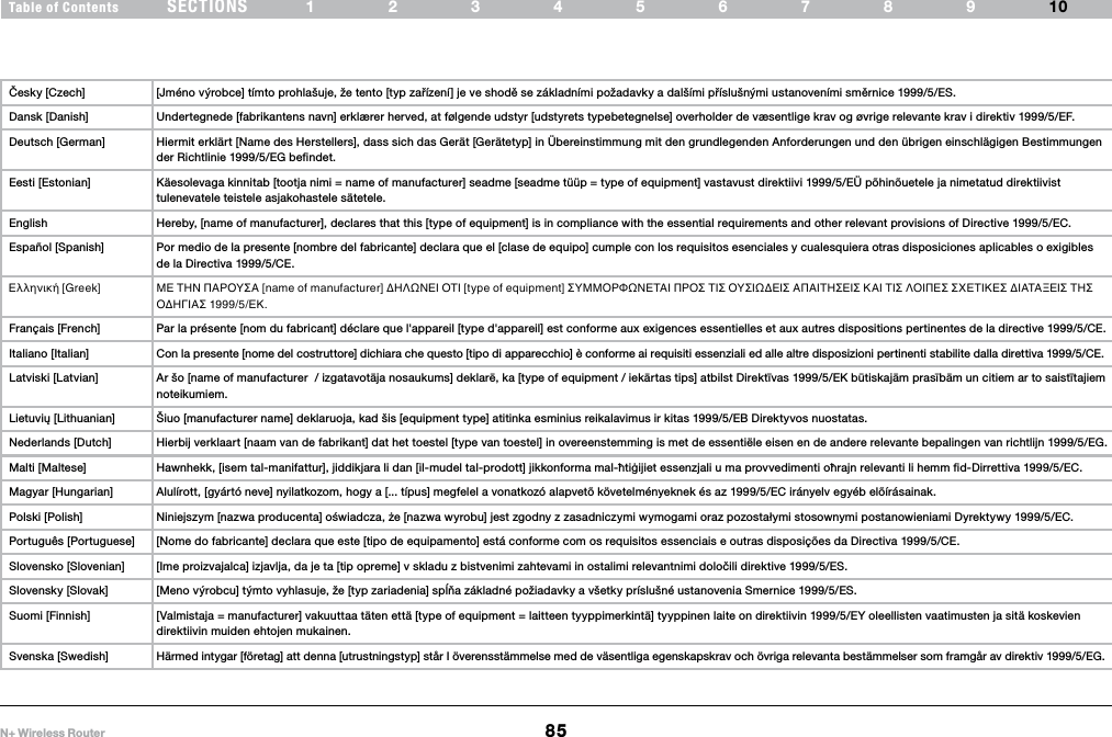 85N+ Wireless RouterSECTIONSTable of Contents 12345678910INFORMATION Česky [Czech] [Jméno výrobce] tímto prohlašuje, že tento [typ zařízení] je ve shodě se základními požadavky a dalšími příslušnými ustanoveními směrnice 1999/5/ES. Dansk [Danish] Undertegnede [fabrikantens navn] erklærer herved, at følgende udstyr [udstyrets typebetegnelse] overholder de væsentlige krav og øvrige relevante krav i direktiv 1999/5/EF. Deutsch [German] Hiermit erklärt [Name des Herstellers], dass sich das Gerät [Gerätetyp] in Übereinstimmung mit den grundlegenden Anforderungen und den übrigen einschlägigen Bestimmungen der Richtlinie 1999/5/EG befindet. Eesti [Estonian] Käesolevaga kinnitab [tootja nimi = name of manufacturer] seadme [seadme tüüp = type of equipment] vastavust direktiivi 1999/5/EÜ põhinõuetele ja nimetatud direktiivist tulenevatele teistele asjakohastele sätetele. English Hereby, [name of manufacturer], declares that this [type of equipment] is in compliance with the essential requirements and other relevant provisions of Directive 1999/5/EC. Español [Spanish] Por medio de la presente [nombre del fabricante] declara que el [clase de equipo] cumple con los requisitos esenciales y cualesquiera otras disposiciones aplicables o exigibles de la Directiva 1999/5/CE. Ελληνική [Greek] ΜΕ ΤΗΝ ΠΑΡΟΥΣΑ [name of manufacturer] ΔΗΛΩΝΕΙ ΟΤΙ [type of equipment] ΣΥΜΜΟΡΦΩΝΕΤΑΙ ΠΡΟΣ ΤΙΣ ΟΥΣΙΩΔΕΙΣ ΑΠΑΙΤΗΣΕΙΣ ΚΑΙ ΤΙΣ ΛΟΙΠΕΣ ΣΧΕΤΙΚΕΣ ΔΙΑΤΑΞΕΙΣ ΤΗΣ ΟΔΗΓΙΑΣ 1999/5/ΕΚ. Français [French] Par la présente [nom du fabricant] déclare que l&apos;appareil [type d&apos;appareil] est conforme aux exigences essentielles et aux autres dispositions pertinentes de la directive 1999/5/CE. Italiano [Italian] Con la presente [nome del costruttore] dichiara che questo [tipo di apparecchio] è conforme ai requisiti essenziali ed alle altre disposizioni pertinenti stabilite dalla direttiva 1999/5/CE. Latviski [Latvian] Ar šo [name of manufacturer  / izgatavotāja nosaukums] deklarē, ka [type of equipment / iekārtas tips] atbilst Direktīvas 1999/5/EK būtiskajām prasībām un citiem ar to saistītajiem noteikumiem. Lietuvių [Lithuanian]  Šiuo [manufacturer name] deklaruoja, kad šis [equipment type] atitinka esminius reikalavimus ir kitas 1999/5/EB Direktyvos nuostatas. Nederlands [Dutch] Hierbij verklaart [naam van de fabrikant] dat het toestel [type van toestel] in overeenstemming is met de essentiële eisen en de andere relevante bepalingen van richtlijn 1999/5/EG. Malti [Maltese] Hawnhekk, [isem tal-manifattur], jiddikjara li dan [il-mudel tal-prodott] jikkonforma mal-ħtiġijiet essenzjali u ma provvedimenti oħrajn relevanti li hemm fid-Dirrettiva 1999/5/EC. Magyar [Hungarian] Alulírott, [gyártó neve] nyilatkozom, hogy a [... típus] megfelel a vonatkozó alapvetõ követelményeknek és az 1999/5/EC irányelv egyéb elõírásainak. Polski [Polish] Niniejszym [nazwa producenta] oświadcza, że [nazwa wyrobu] jest zgodny z zasadniczymi wymogami oraz pozostałymi stosownymi postanowieniami Dyrektywy 1999/5/EC. Português [Portuguese] [Nome do fabricante] declara que este [tipo de equipamento] está conforme com os requisitos essenciais e outras disposições da Directiva 1999/5/CE. Slovensko [Slovenian] [Ime proizvajalca] izjavlja, da je ta [tip opreme] v skladu z bistvenimi zahtevami in ostalimi relevantnimi določili direktive 1999/5/ES. Slovensky [Slovak] [Meno výrobcu] týmto vyhlasuje, že [typ zariadenia] spĺňa základné požiadavky a všetky príslušné ustanovenia Smernice 1999/5/ES. Suomi [Finnish] [Valmistaja = manufacturer] vakuuttaa täten että [type of equipment = laitteen tyyppimerkintä] tyyppinen laite on direktiivin 1999/5/EY oleellisten vaatimusten ja sitä koskevien direktiivin muiden ehtojen mukainen. Svenska [Swedish] Härmed intygar [företag] att denna [utrustningstyp] står I överensstämmelse med de väsentliga egenskapskrav och övriga relevanta bestämmelser som framgår av direktiv 1999/5/EG.