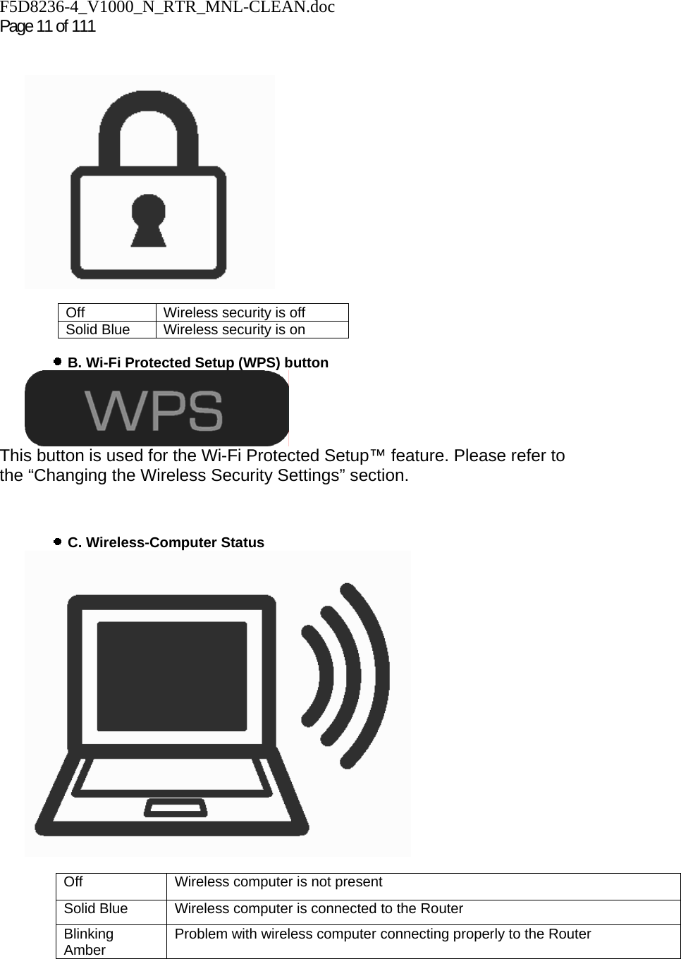 F5D8236-4_V1000_N_RTR_MNL-CLEAN.doc  Page 11 of 111           B. Wi-Fi Protected Setup (WPS) button  This button is used for the Wi-Fi Protected Setup™ feature. Please refer to the “Changing the Wireless Security Settings” section.      C. Wireless-Computer Status    Off  Wireless computer is not present Solid Blue  Wireless computer is connected to the Router Blinking Amber  Problem with wireless computer connecting properly to the Router  Off  Wireless security is off Solid Blue  Wireless security is on 