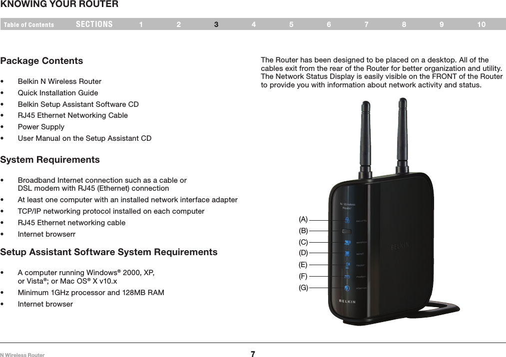 7N Wireless RouterSECTIONSTable of Contents 12 45678910KNOWING YOUR ROUTER 3The Router has been designed to be placed on a desktop. All of the cables exit from the rear of the Router for better organization and utility. The Network Status Display is easily visible on the FRONT of the Router to provide you with information about network activity and status.Package Contents• Belkin N Wireless Router• Quick Installation Guide• Belkin Setup Assistant Software CD• RJ45 Ethernet Networking Cable• Power Supply• User Manual on the Setup Assistant CDSystem Requirements• Broadband Internet connection such as a cable or DSL modem with RJ45 (Ethernet) connection• At least one computer with an installed network interface adapter• TCP/IP networking protocol installed on each computer• RJ45 Ethernet networking cable• Internet browserrSetup Assistant Software System Requirements• A computer running Windows® 2000, XP, or Vista®; or Mac OS® X v10.x• Minimum 1GHz processor and 128MB RAM• Internet browser(A)(B)(C)(D)(E)(F)(G)