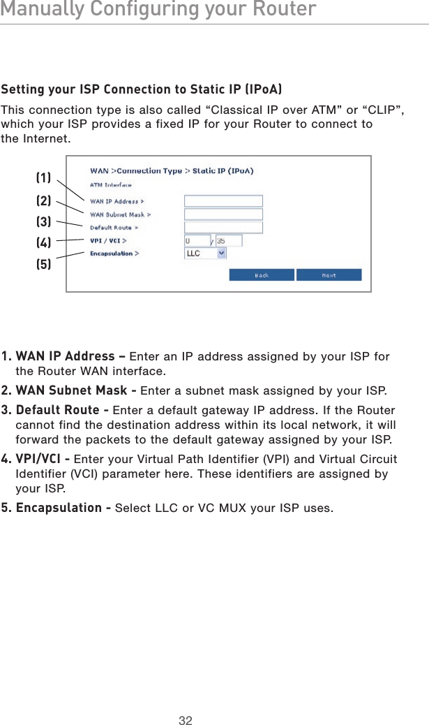 3332Manually Configuring your Router3332Manually Configuring your RouterSetting your ISP Connection to Static IP (IPoA)This connection type is also called “Classical IP over ATM” or “CLIP”, which your ISP provides a fixed IP for your Router to connect to  the Internet. 1.  WAN IP Address – Enter an IP address assigned by your ISP for the Router WAN interface.2. WAN Subnet Mask - Enter a subnet mask assigned by your ISP.3.  Default Route - Enter a default gateway IP address. If the Router cannot find the destination address within its local network, it will forward the packets to the default gateway assigned by your ISP.4.  VPI/VCI - Enter your Virtual Path Identifier (VPI) and Virtual Circuit Identifier (VCI) parameter here. These identifiers are assigned by your ISP.5. Encapsulation - Select LLC or VC MUX your ISP uses.(1)(2)(3)(4)(5)