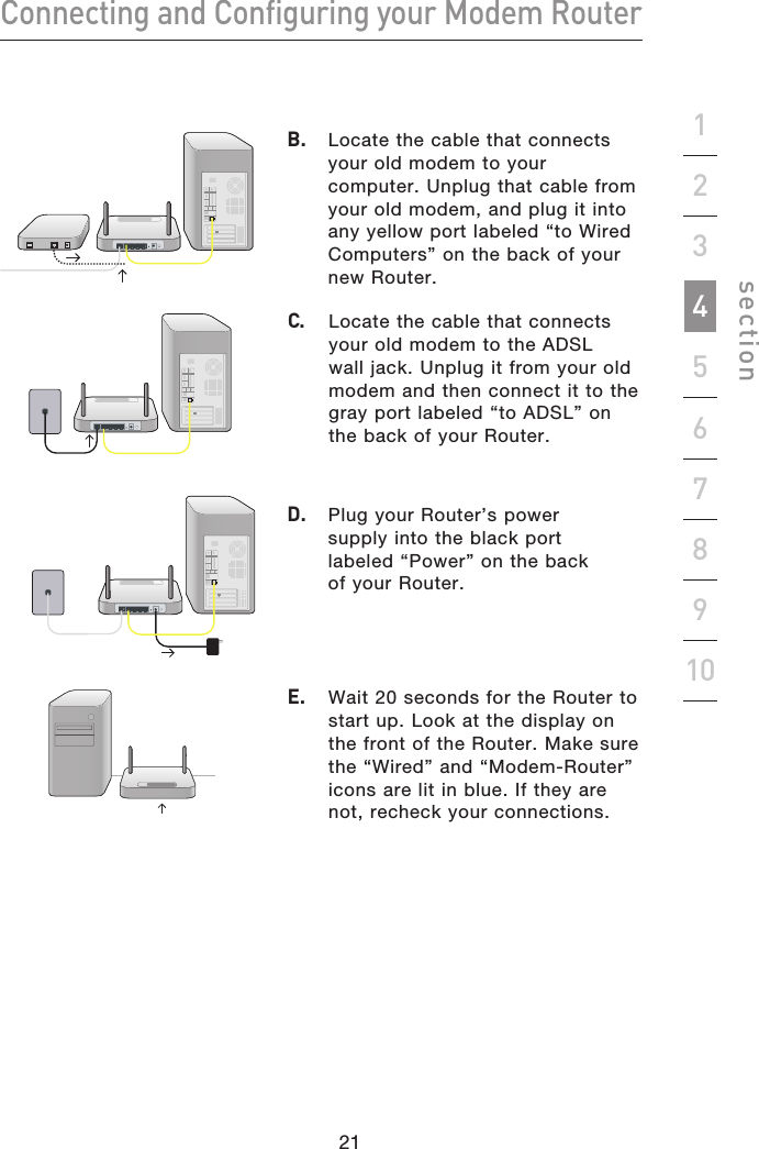 21202120Connecting and Configuring your Modem Routersection19234567810B.  Locate the cable that connects your old modem to your computer. Unplug that cable from your old modem, and plug it into any yellow port labeled “to Wired Computers” on the back of your new Router.C.  Locate the cable that connects your old modem to the ADSL wall jack. Unplug it from your old modem and then connect it to the gray port labeled “to ADSL” on the back of your Router.E.  Wait 20 seconds for the Router to start up. Look at the display on the front of the Router. Make sure the “Wired” and “Modem-Router” icons are lit in blue. If they are not, recheck your connections.D.  Plug your Router’s power supply into the black port labeled “Power” on the back of your Router.