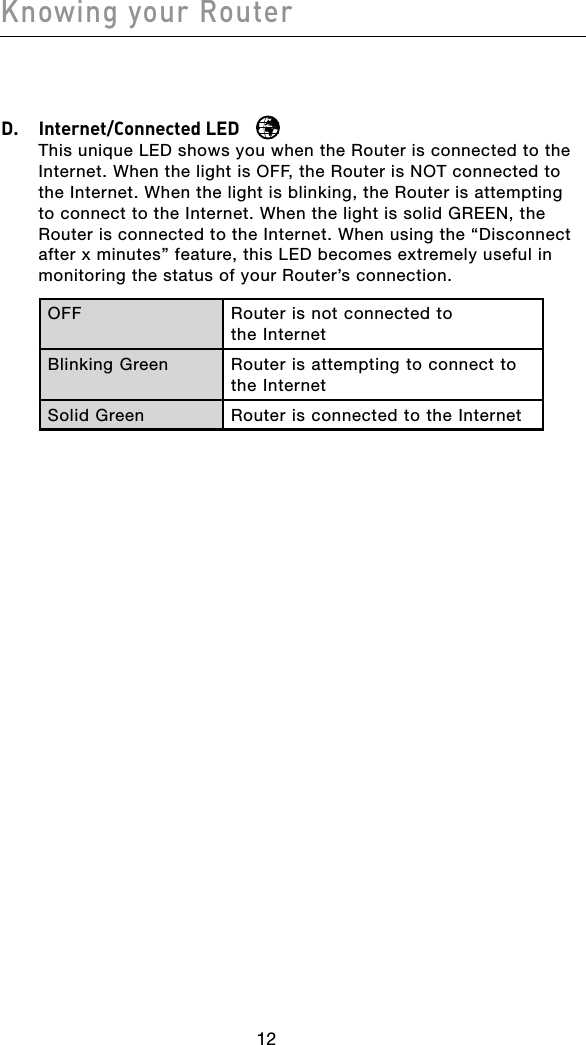 Knowing your Router13121312D.  Internet/Connected LED This unique LED shows you when the Router is connected to the Internet. When the light is OFF, the Router is NOT connected to the Internet. When the light is blinking, the Router is attempting to connect to the Internet. When the light is solid GREEN, the Router is connected to the Internet. When using the “Disconnect after x minutes” feature, this LED becomes extremely useful in monitoring the status of your Router’s connection.OFF Router is not connected to  the InternetBlinking Green Router is attempting to connect to the InternetSolid Green Router is connected to the Internet 