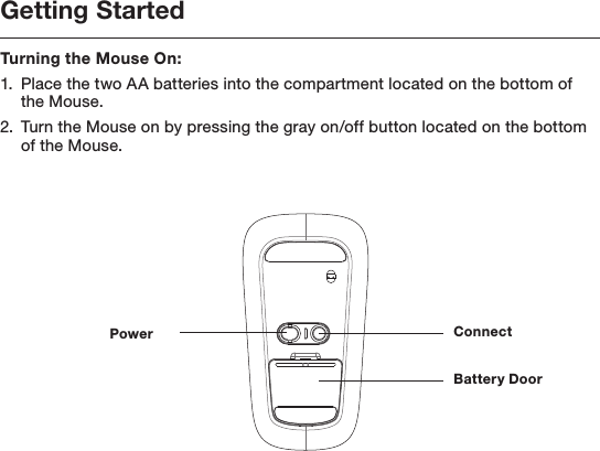 Getting StartedTurning the Mouse On:1.  Place the two AA batteries into the compartment located on the bottom of the Mouse.2.  Turn the Mouse on by pressing the gray on/off button located on the bottom of the Mouse. ConnectBattery DoorPower