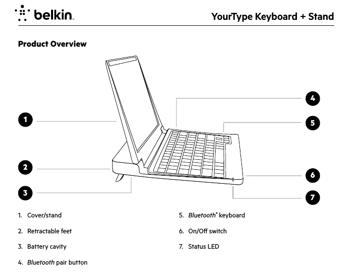 YourType Keyboard + Stand1. Cover/stand 2.  Retractable feet3.  Battery cavity4.  Bluetooth pair button5.  Bluetooth® keyboard6.  On/O switch7.  Status LED 23Product Overview15467
